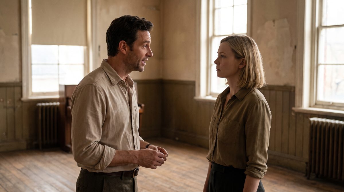 Two actors in a rehearsal room, one speaking and one listening with a quiet face