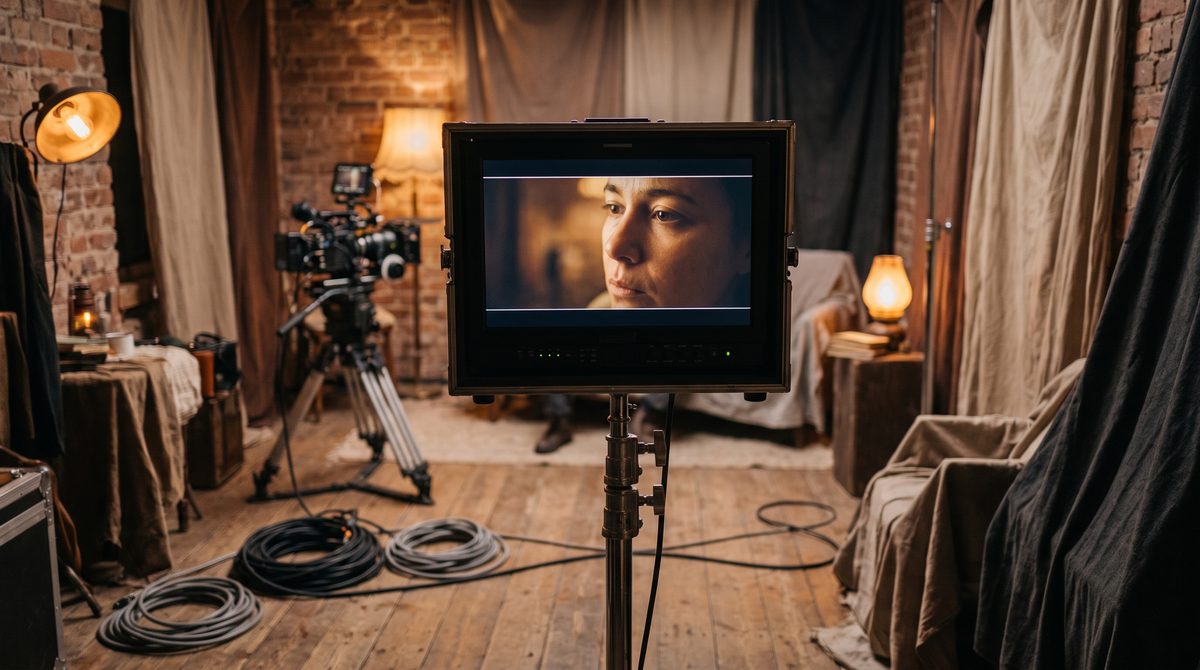 A film-set monitor showing a tight close-up of an actor's face, the actor blurred behind it