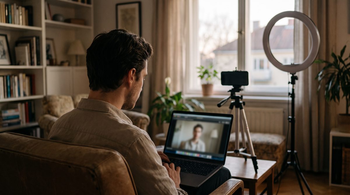 An actor at home reviewing a self-tape on a laptop with a phone on a tripod nearby