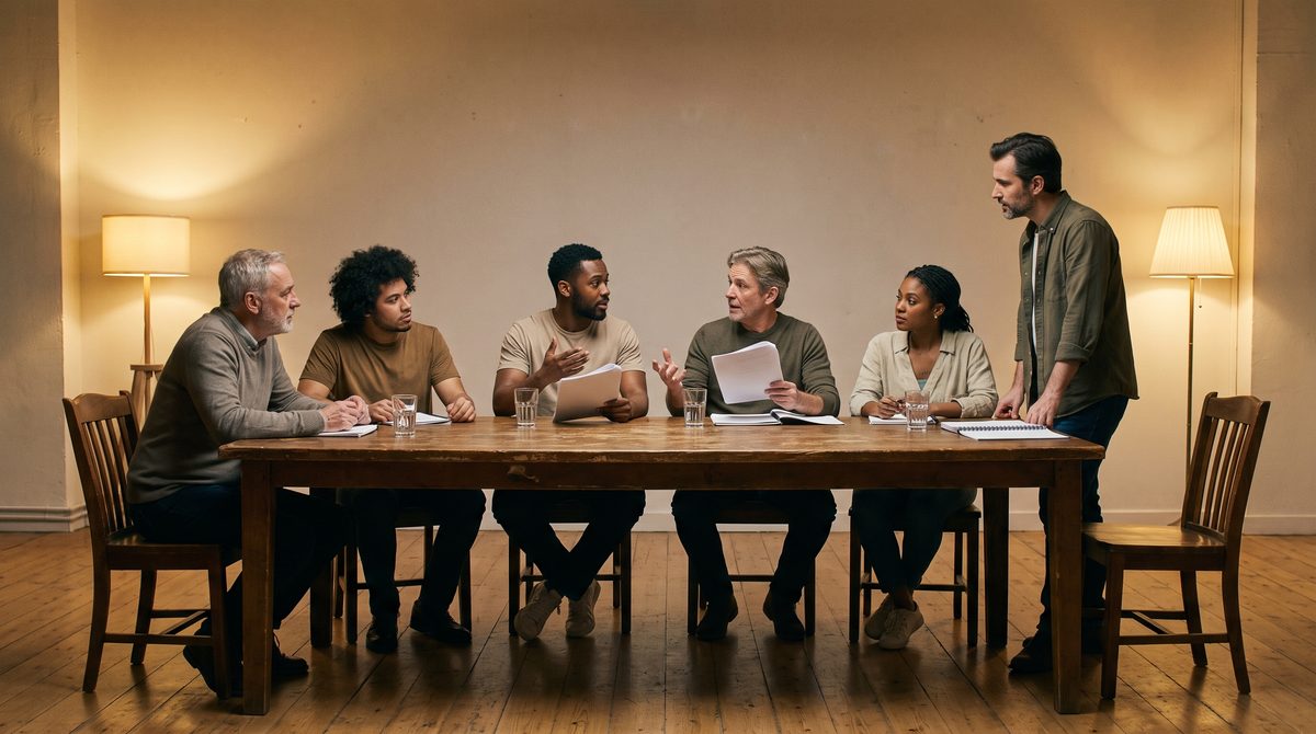 A small acting class working around a table with scripts