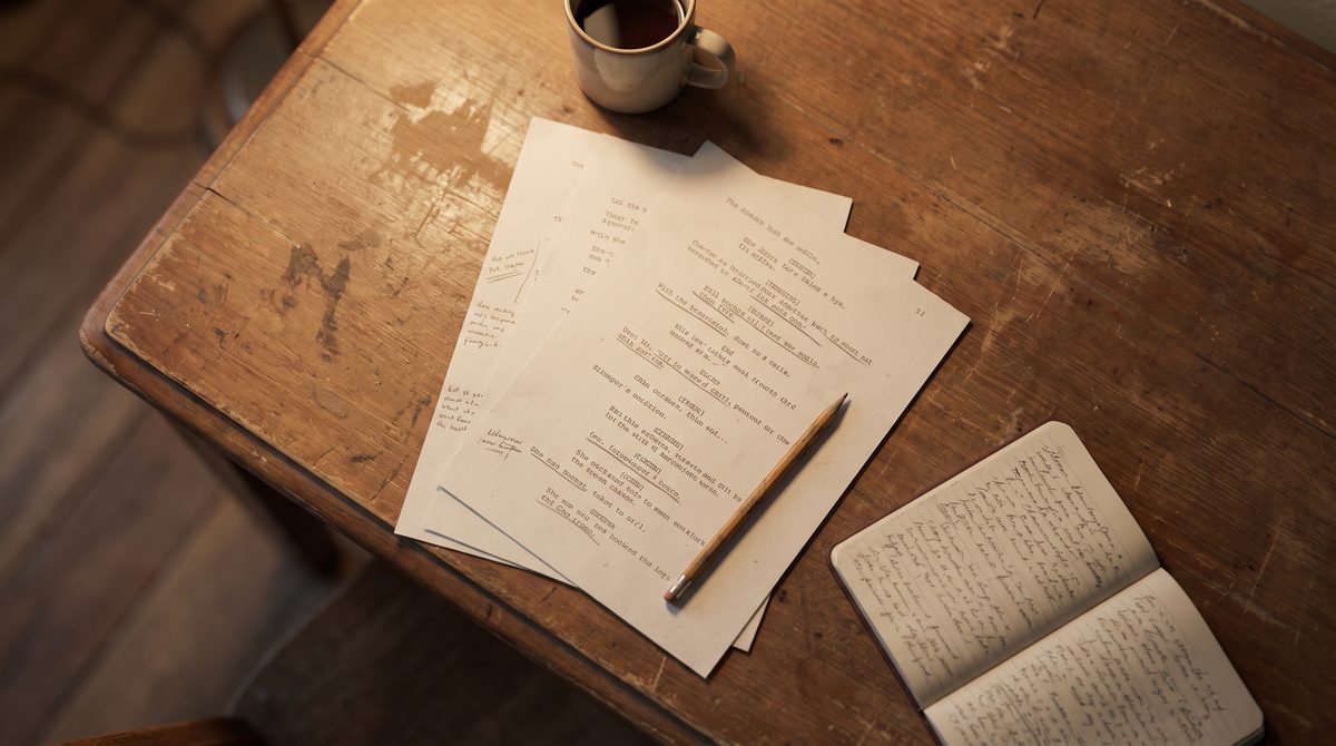 Marked-up script pages on a table with a pen and a notebook