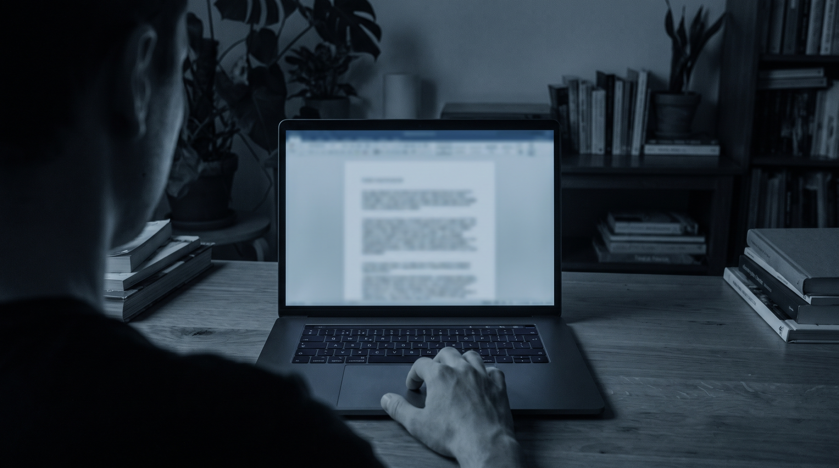 A person at a desk looking at a document on a laptop screen in a dim room