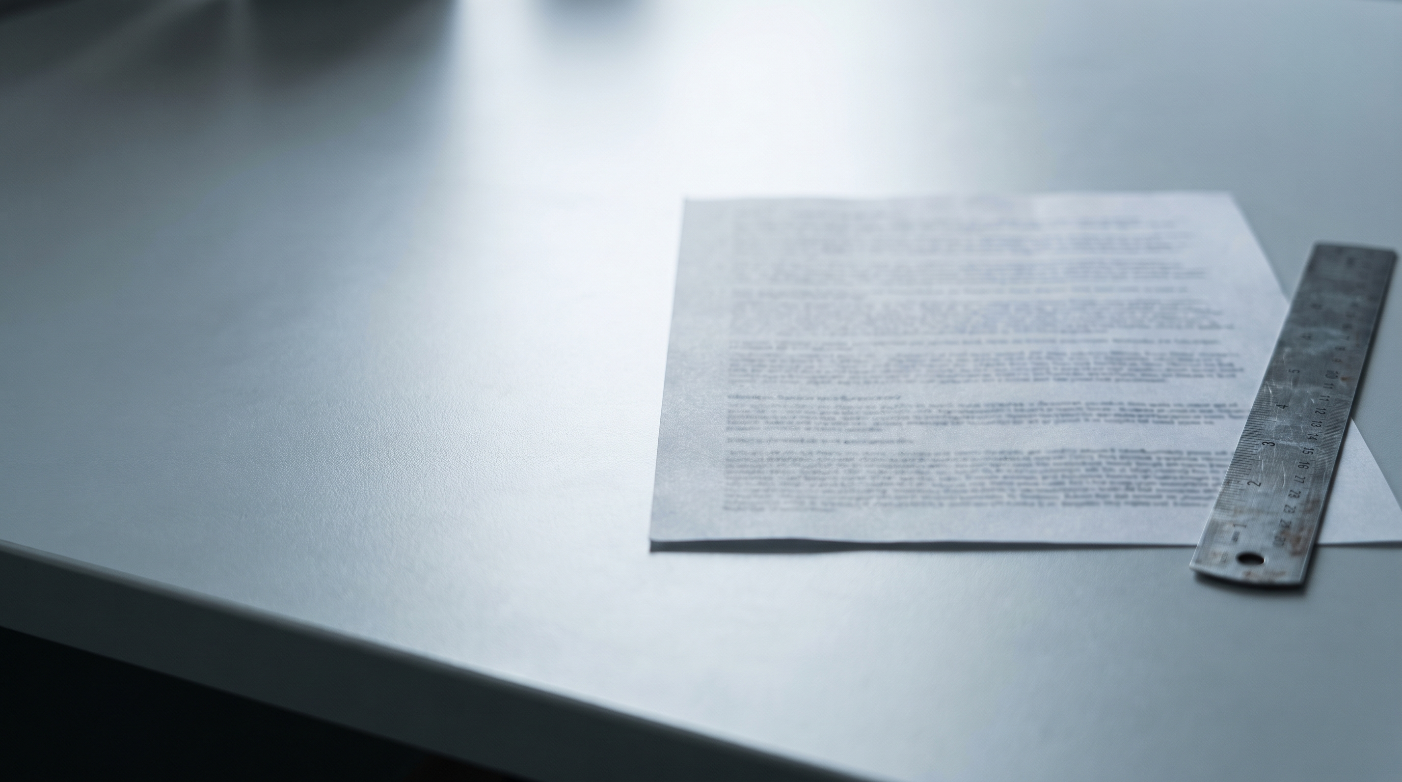 A single printed page on a desk with a steel ruler beside it