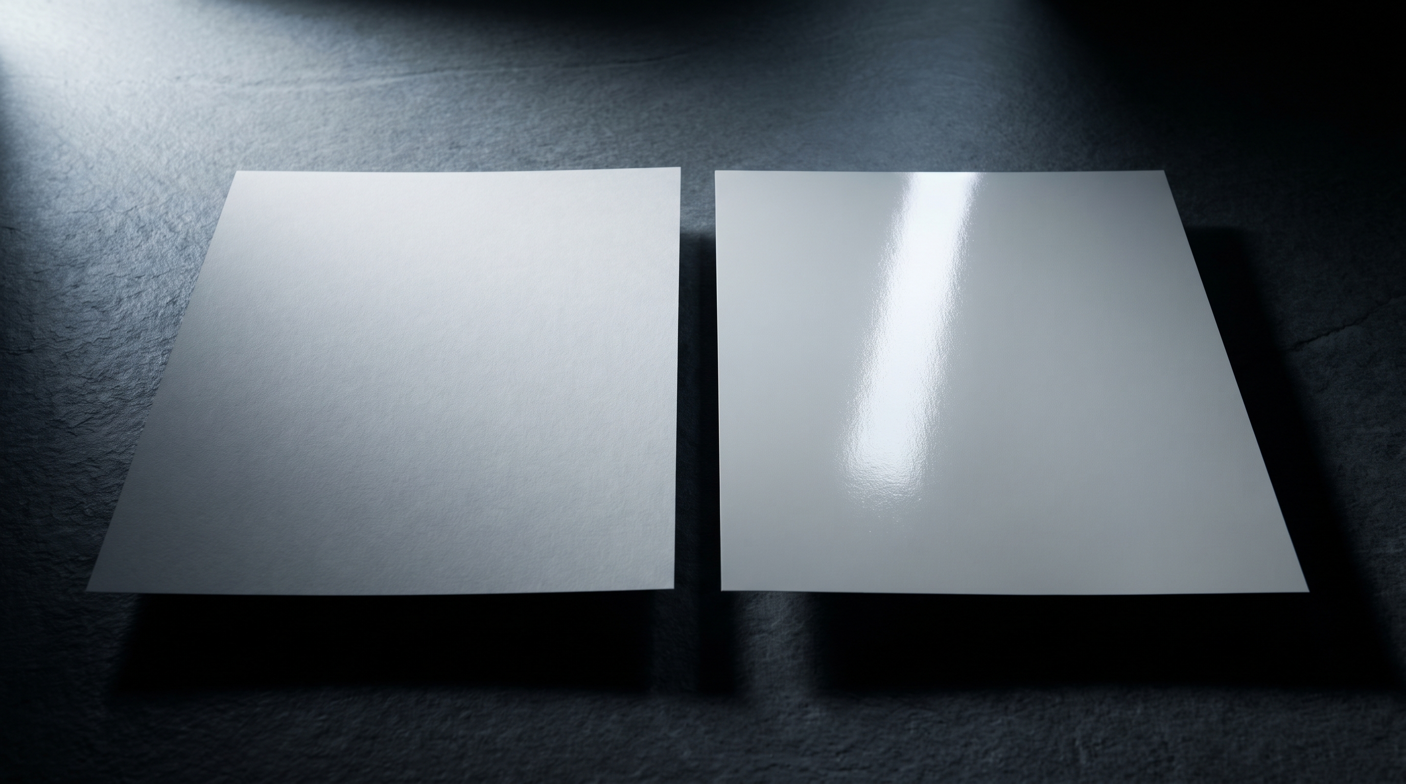 Two blank sheets of paper under raking light, one matt and one glossy