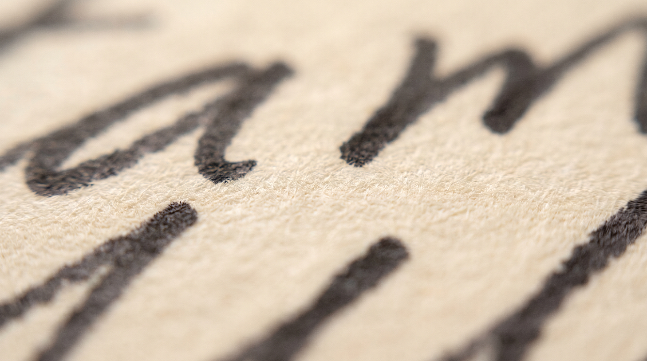 An extreme close-up of printed text showing ink on paper fibre