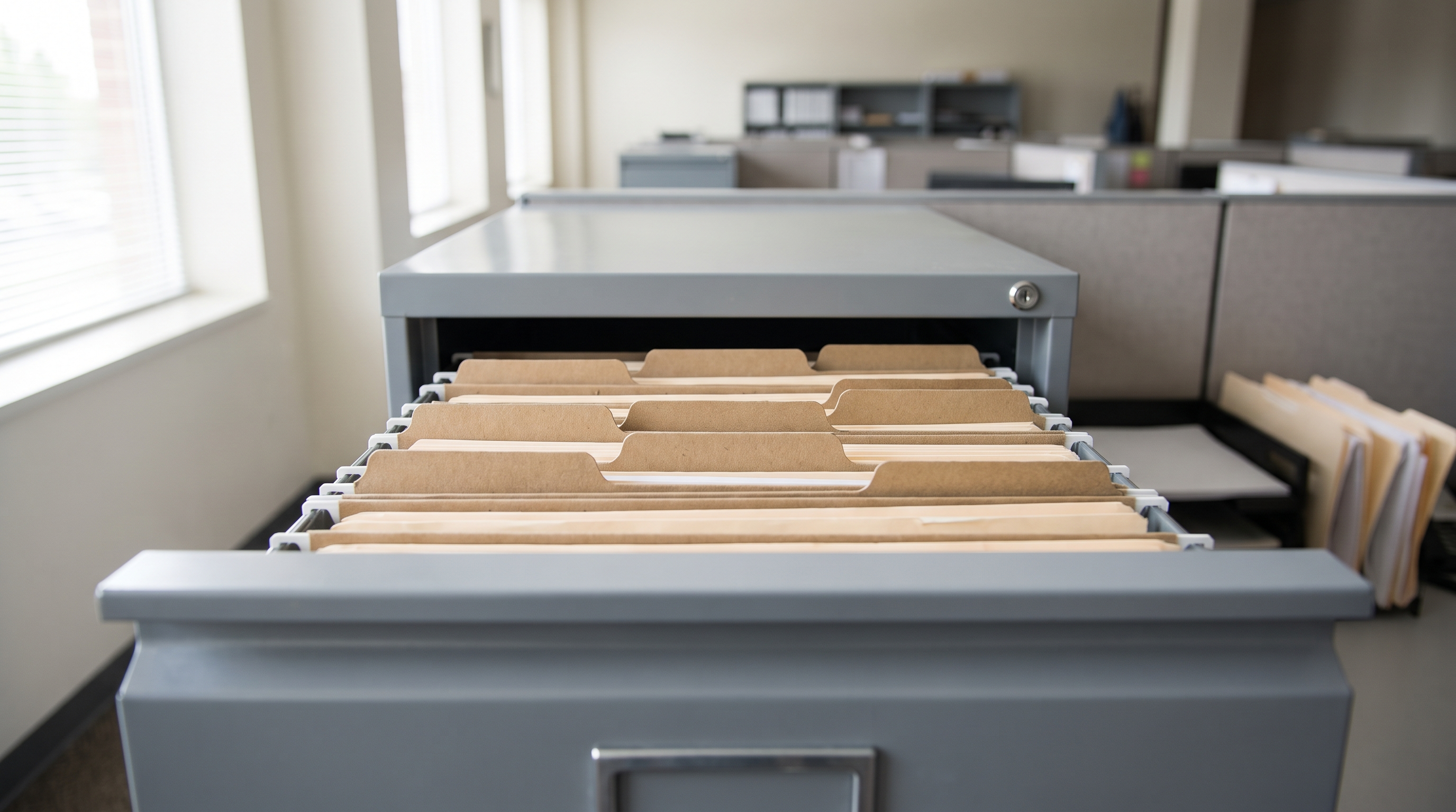 An open metal filing cabinet drawer packed with blank unlabelled folders