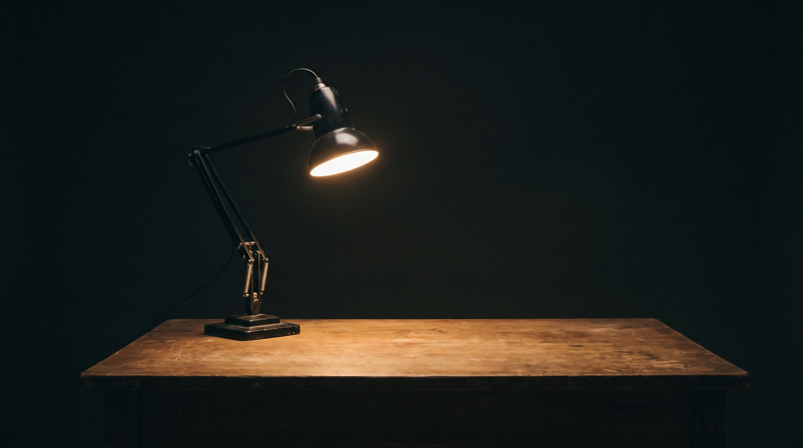 An anglepoise lamp lit over an empty desk in a dark room