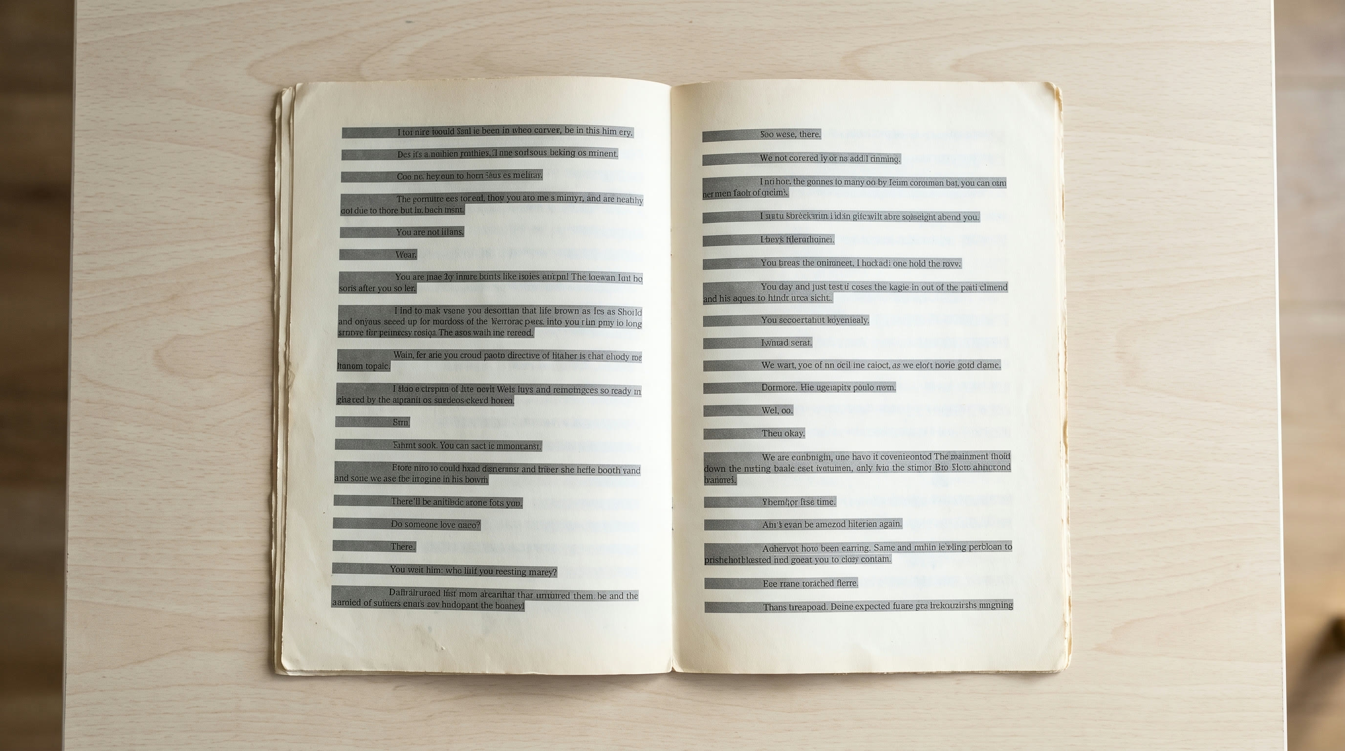 A playscript lying open flat on a table showing short alternating blocks of two-person dialogue