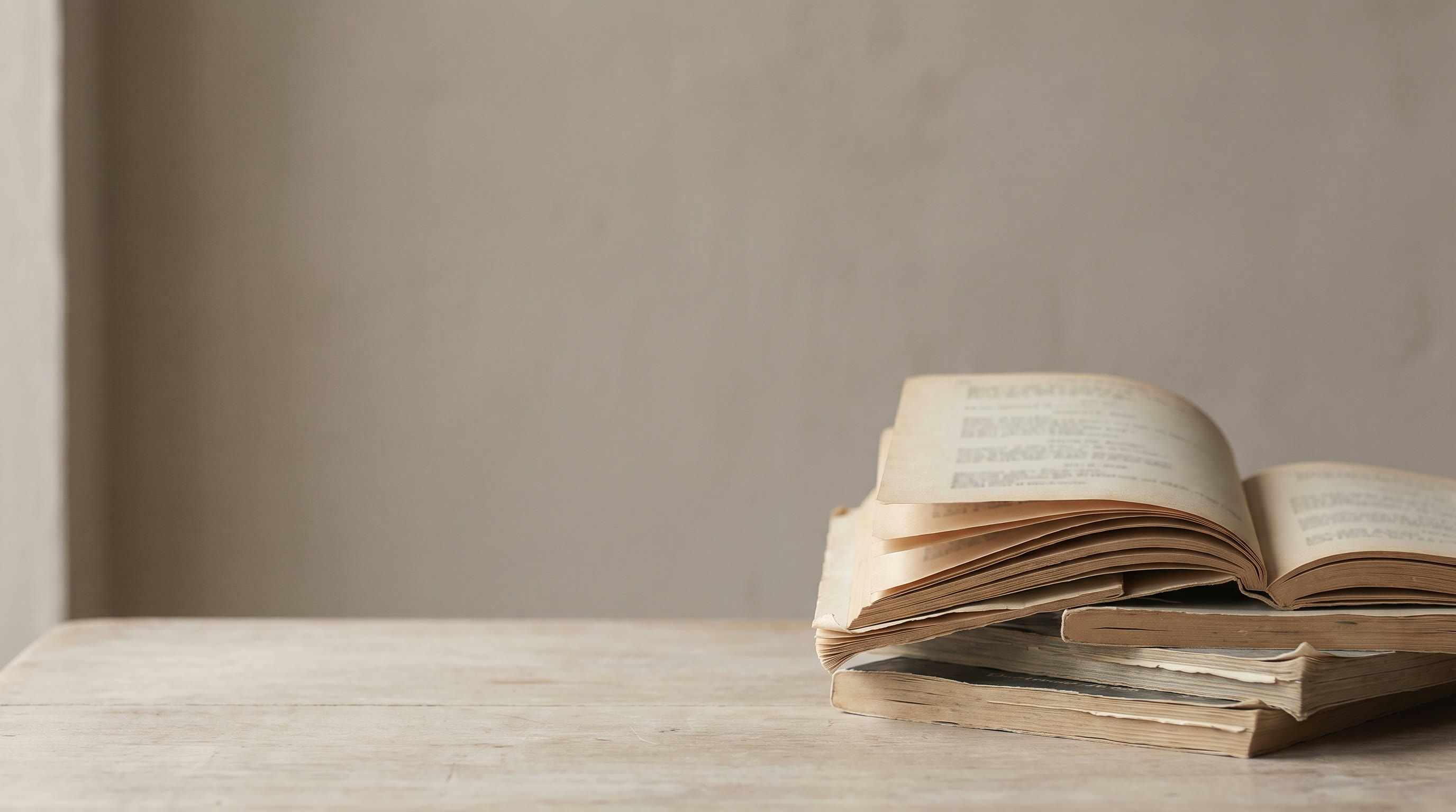 A small stack of well-thumbed paperback playtexts on a plain wooden table, the top one lying open