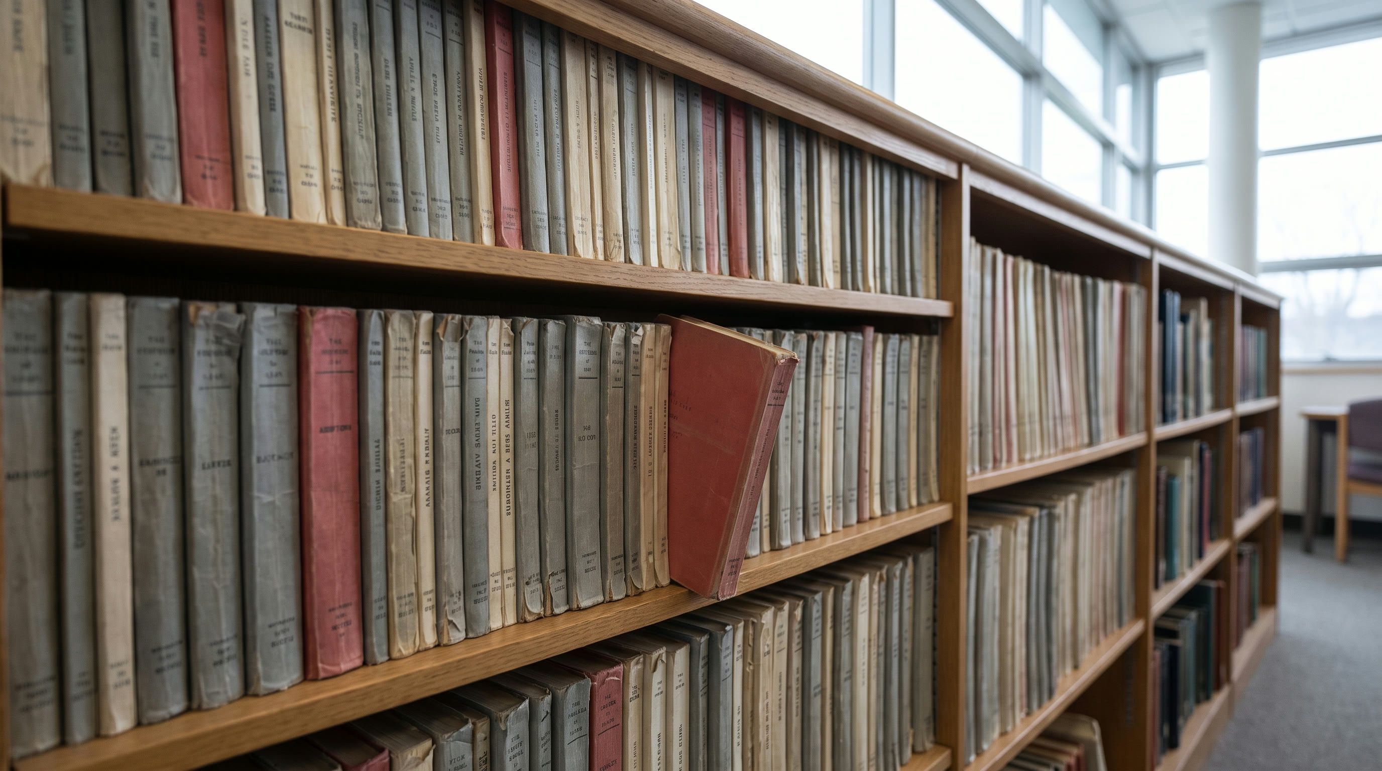 A long shelf of old paperback plays with one volume pulled halfway out from the row