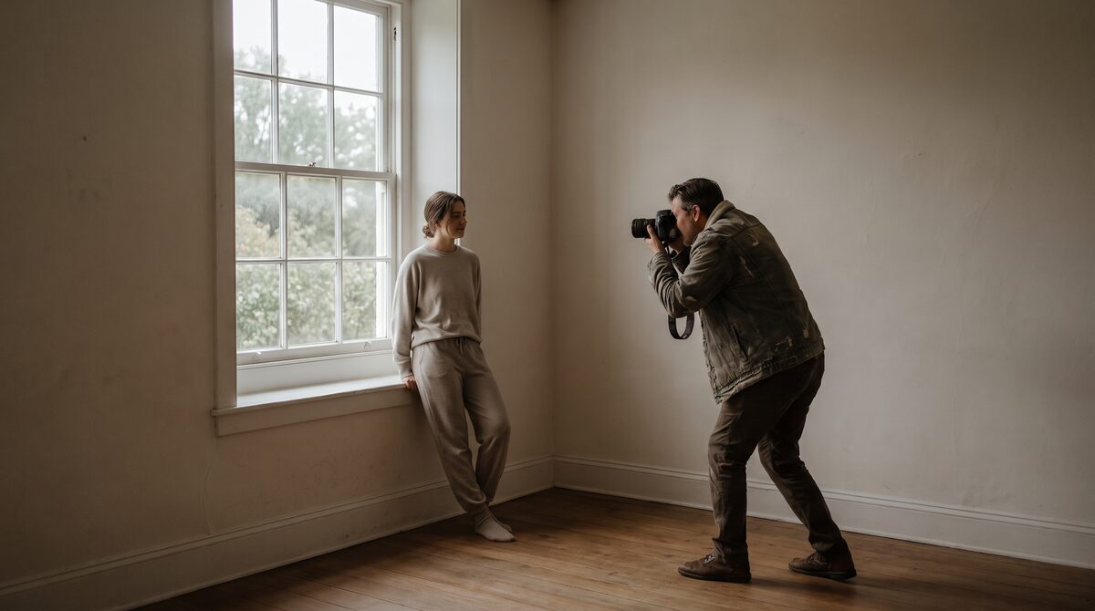 A photographer photographing someone standing near a large window in a plain room