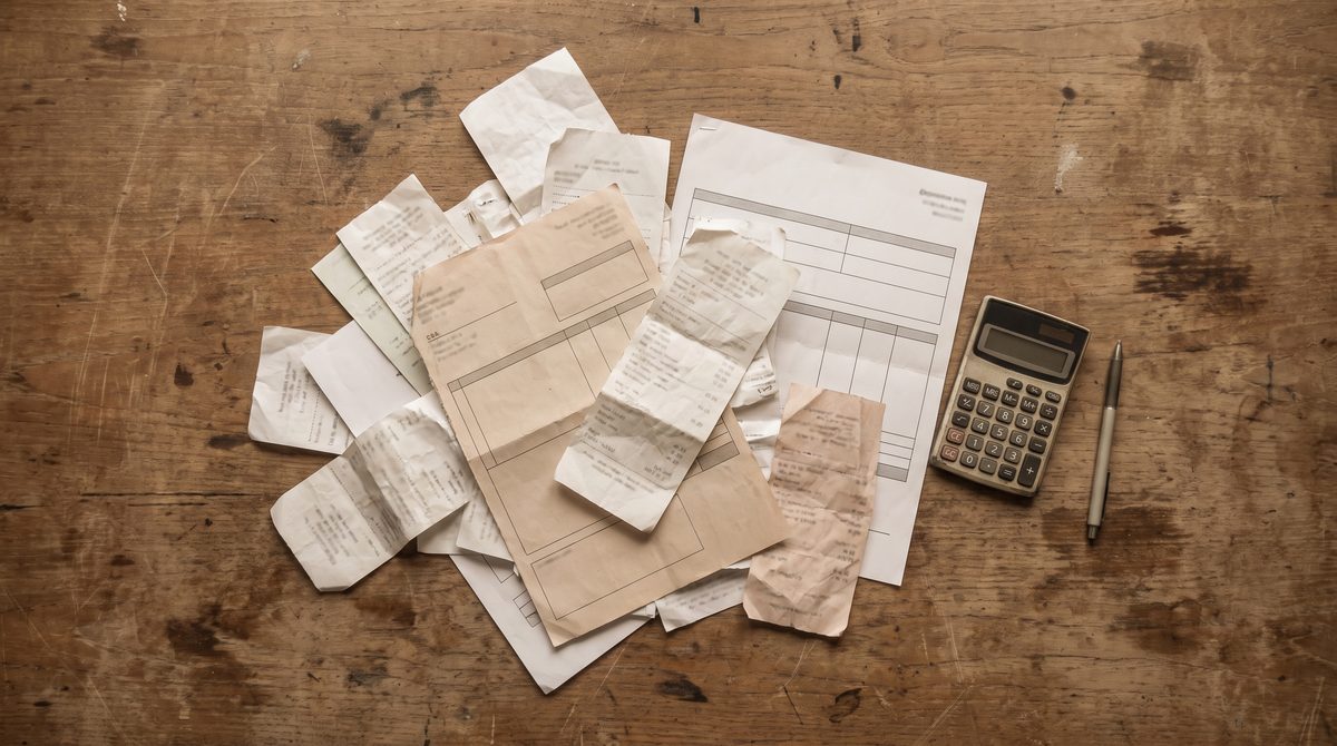 A pile of paper receipts and invoices spread across a table beside a calculator