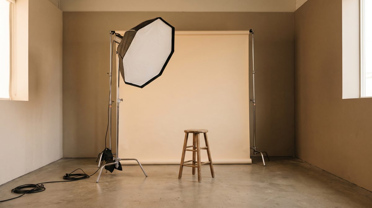 A simple photography studio setup with a softbox light, plain backdrop and an empty stool