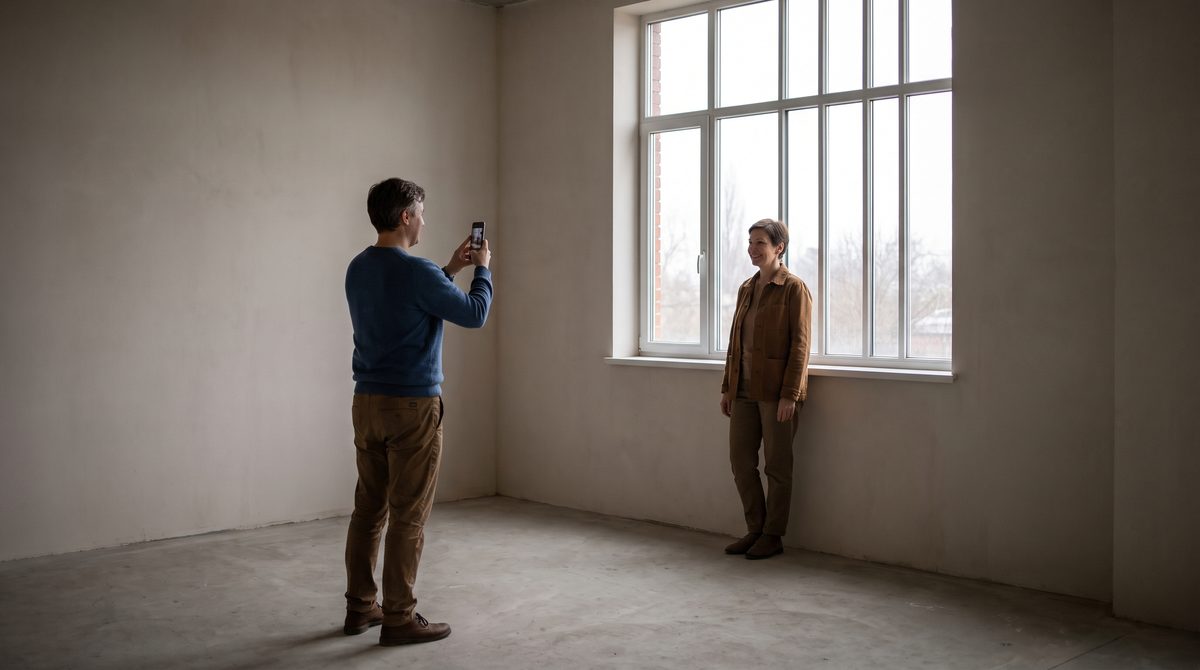 A person being photographed by a friend beside a large window in a plain room