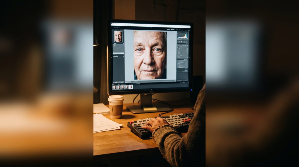 A close view of a portrait photograph being edited on a computer monitor