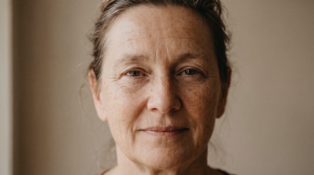 A close natural portrait showing real skin texture, freckles and fine lines in soft daylight