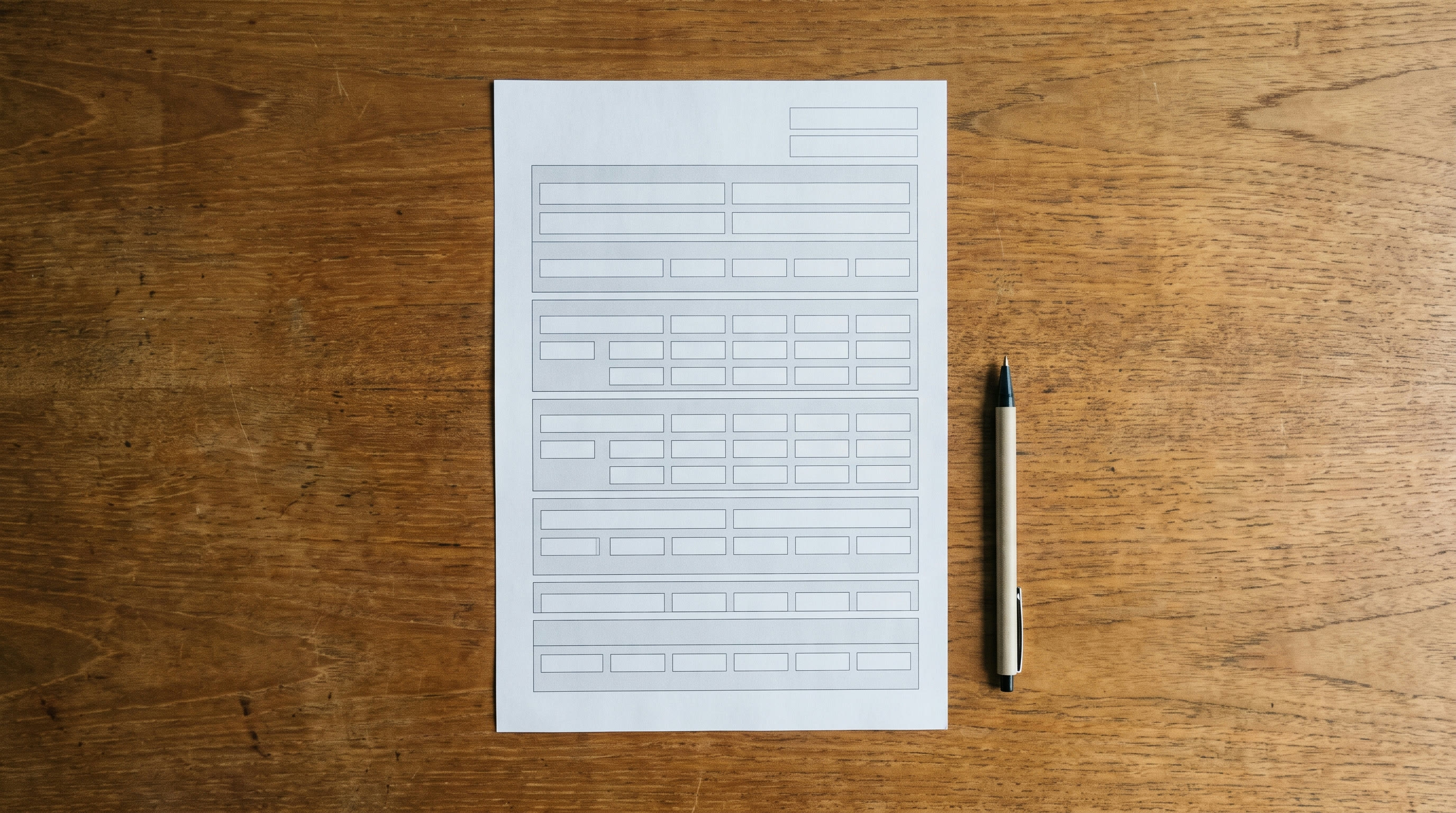 A blank printed form with empty ruled boxes and a pen resting beside it