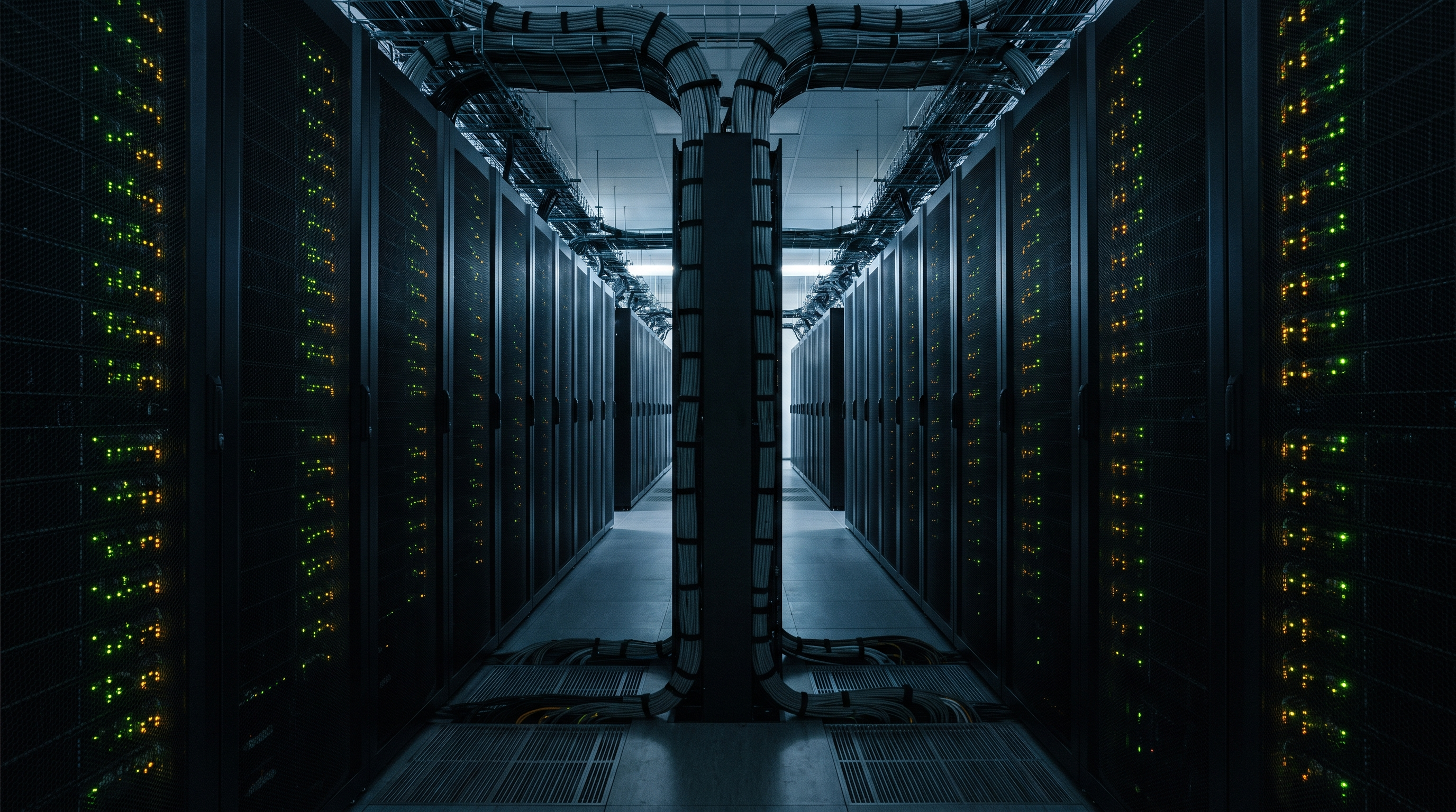 A corridor between rows of dark server racks with small indicator lights