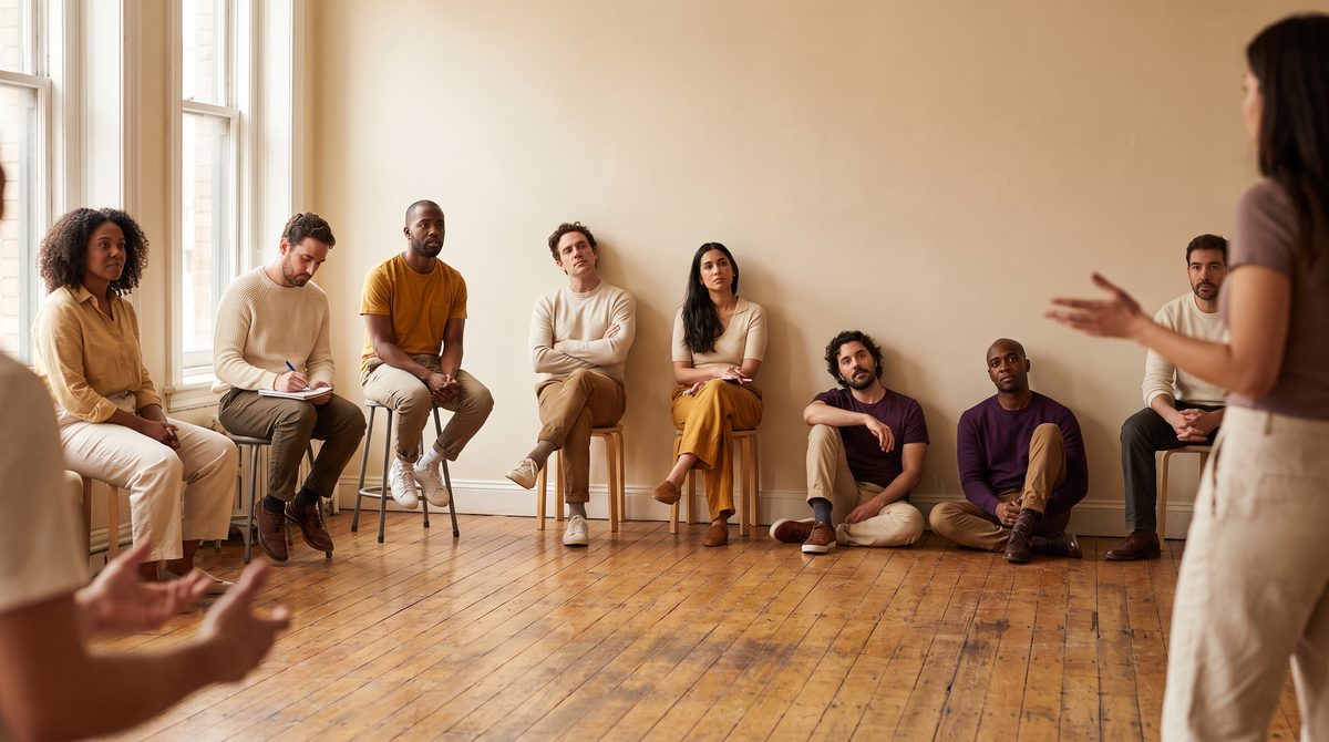 Acting students watching two classmates work a scene