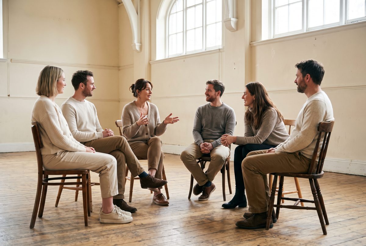A small acting class sitting in a circle of chairs, talking