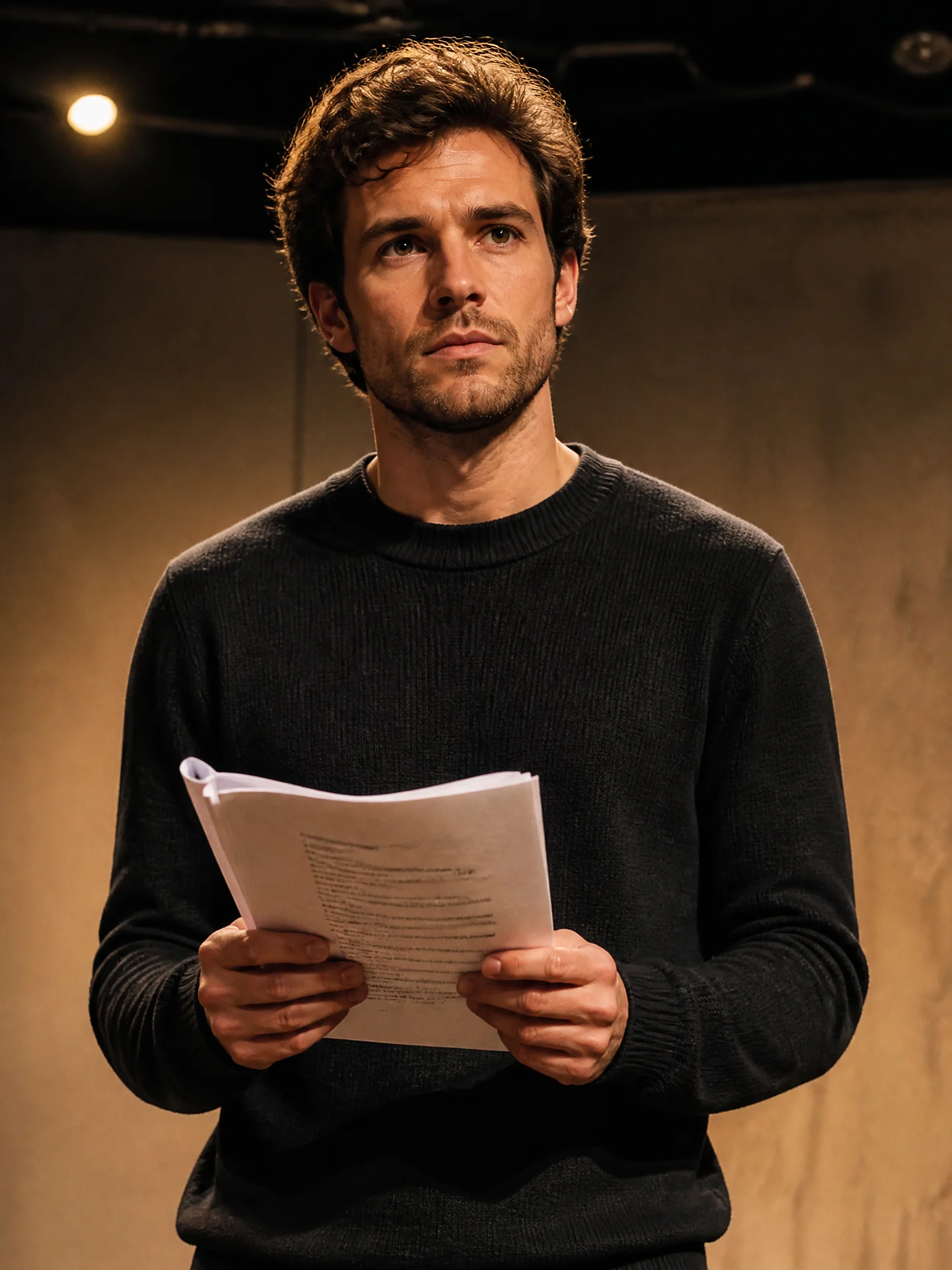 An actor holding a script in a rehearsal room