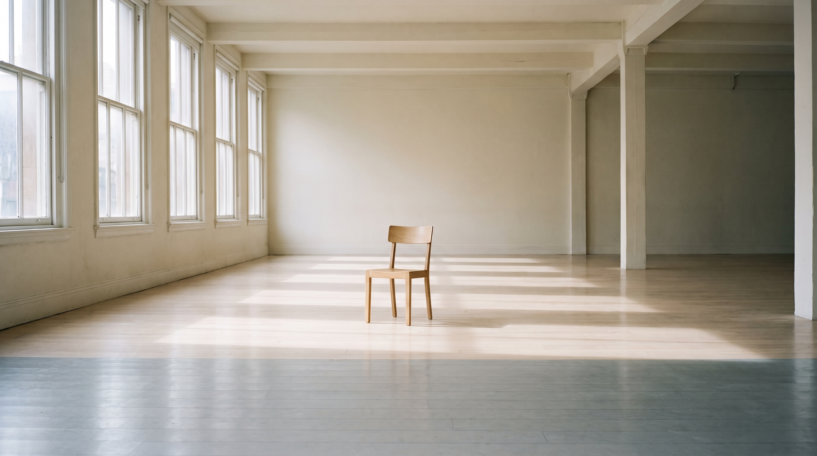 A single wooden chair standing alone in an empty rehearsal room with tall windows