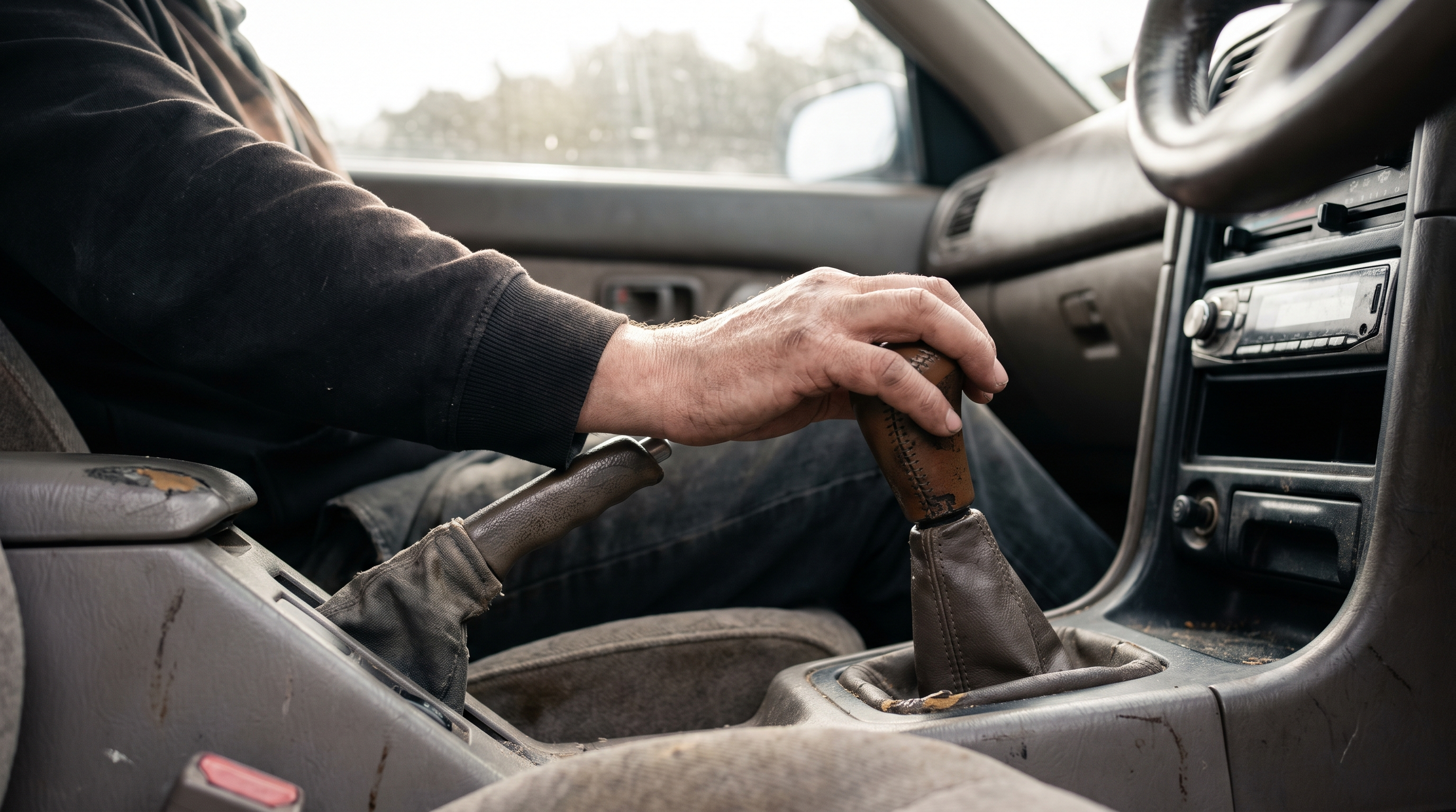 A hand resting on the worn leather knob of a manual gearstick in an older car