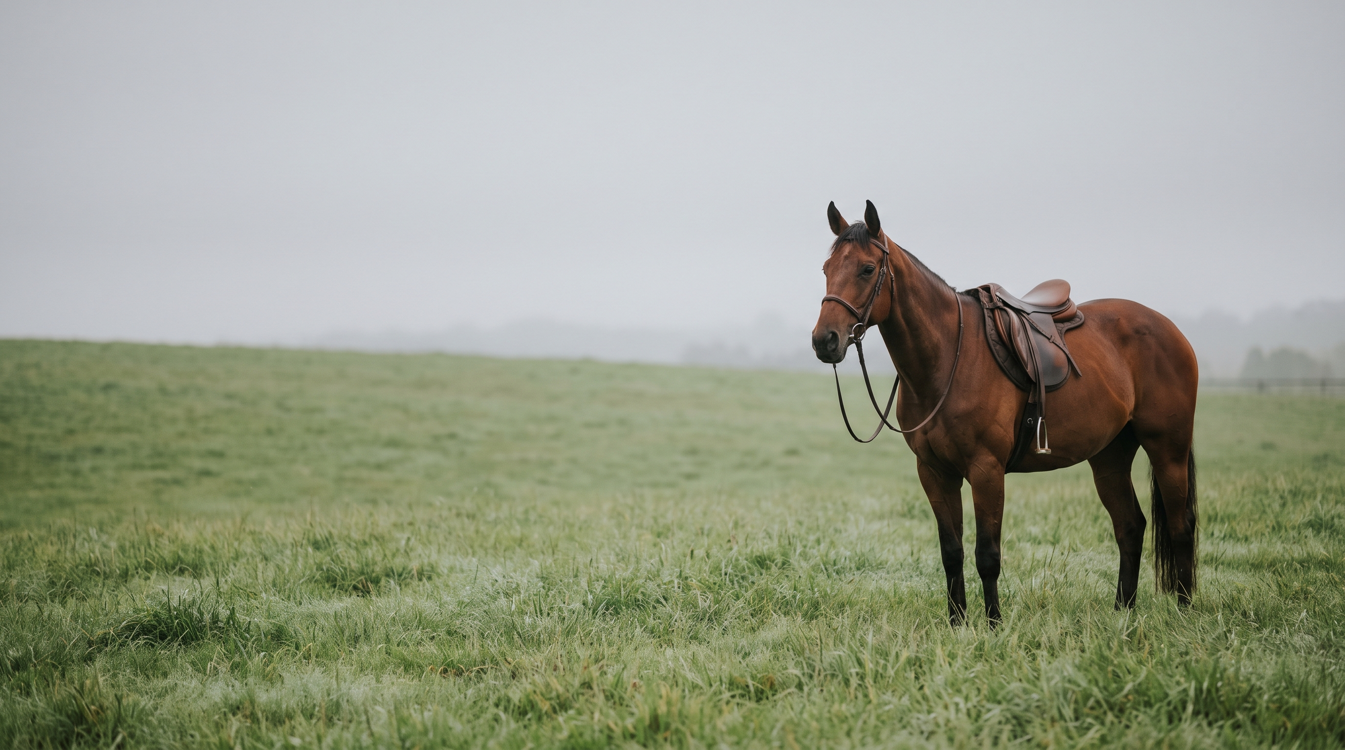 A saddled horse standing alone in a quiet grass paddock