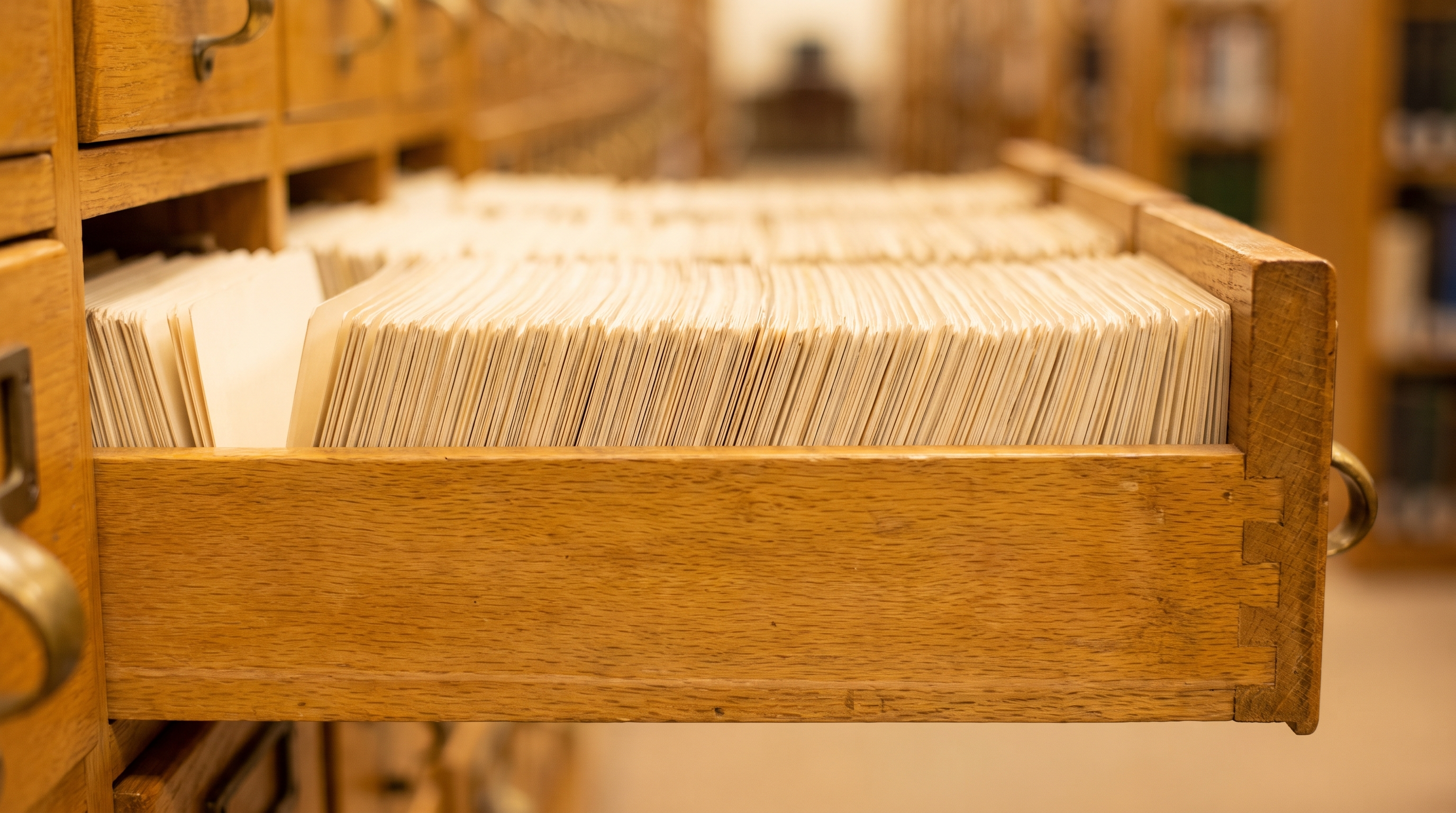 A wooden library card-index drawer pulled open showing rows of blank cards