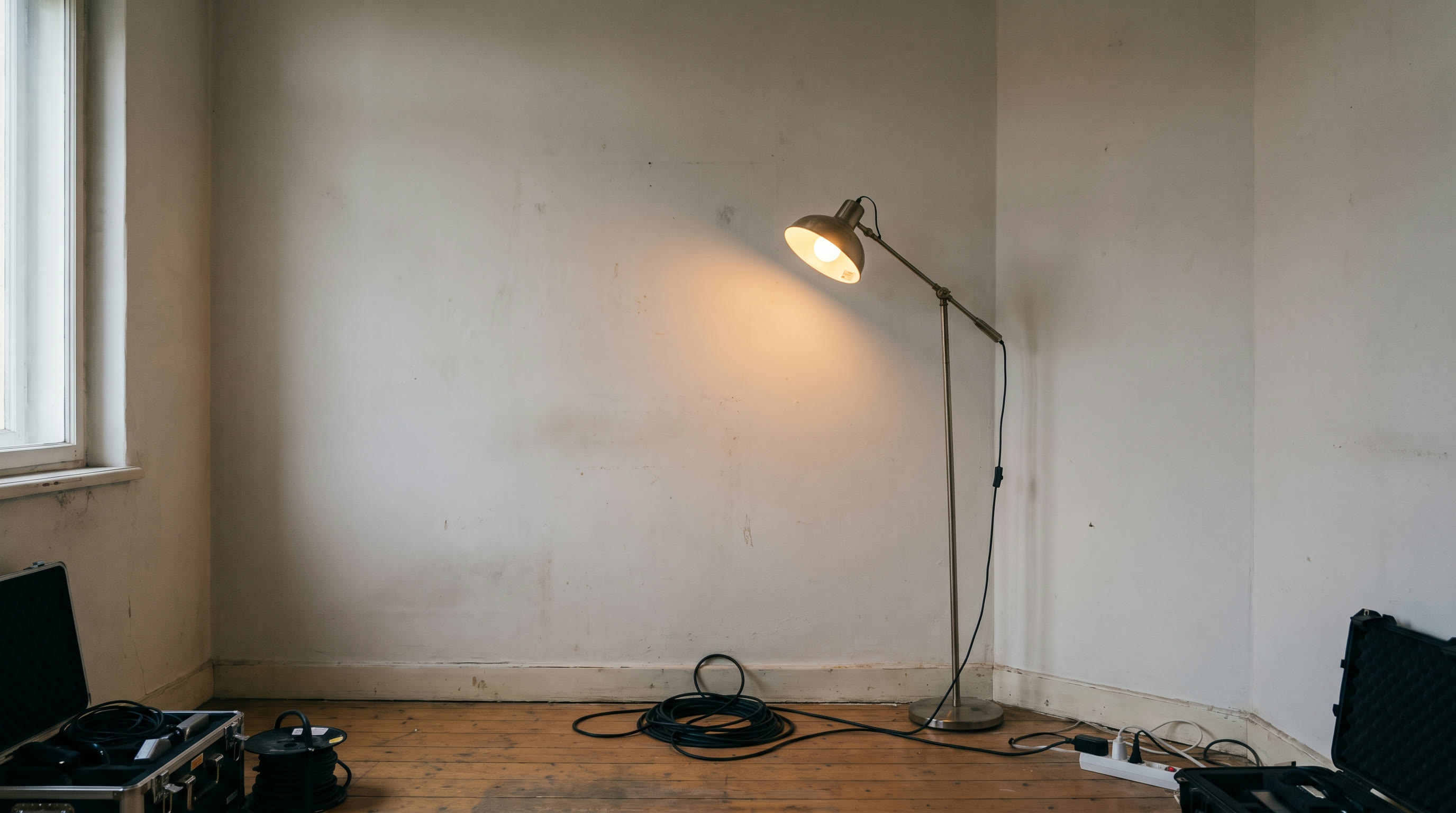 A bare corner of an ordinary domestic room set up for filming with a plain wall and a standing lamp