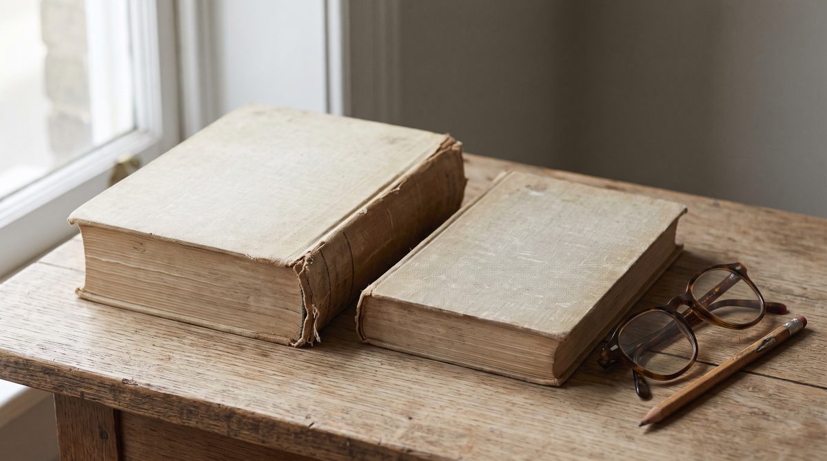 Two well-used editions of an acting book side by side on a table, one much thicker than the other