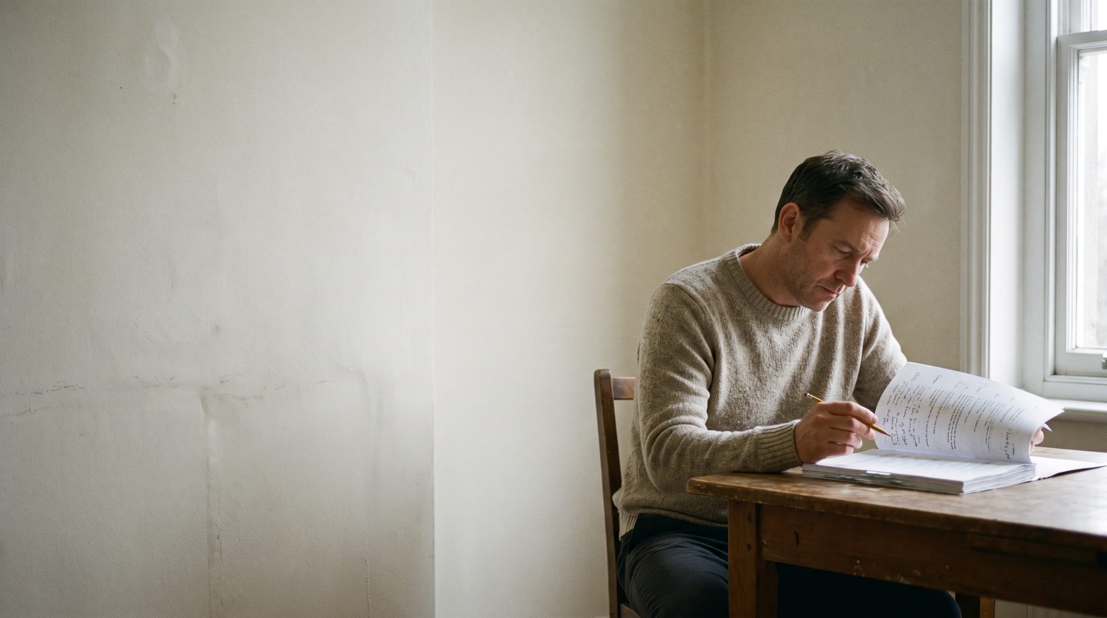 An actor sitting alone at a table with a marked-up script in a quiet rehearsal room