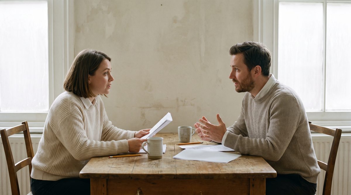 Two actors sitting at a table with scripts, working through a scene together