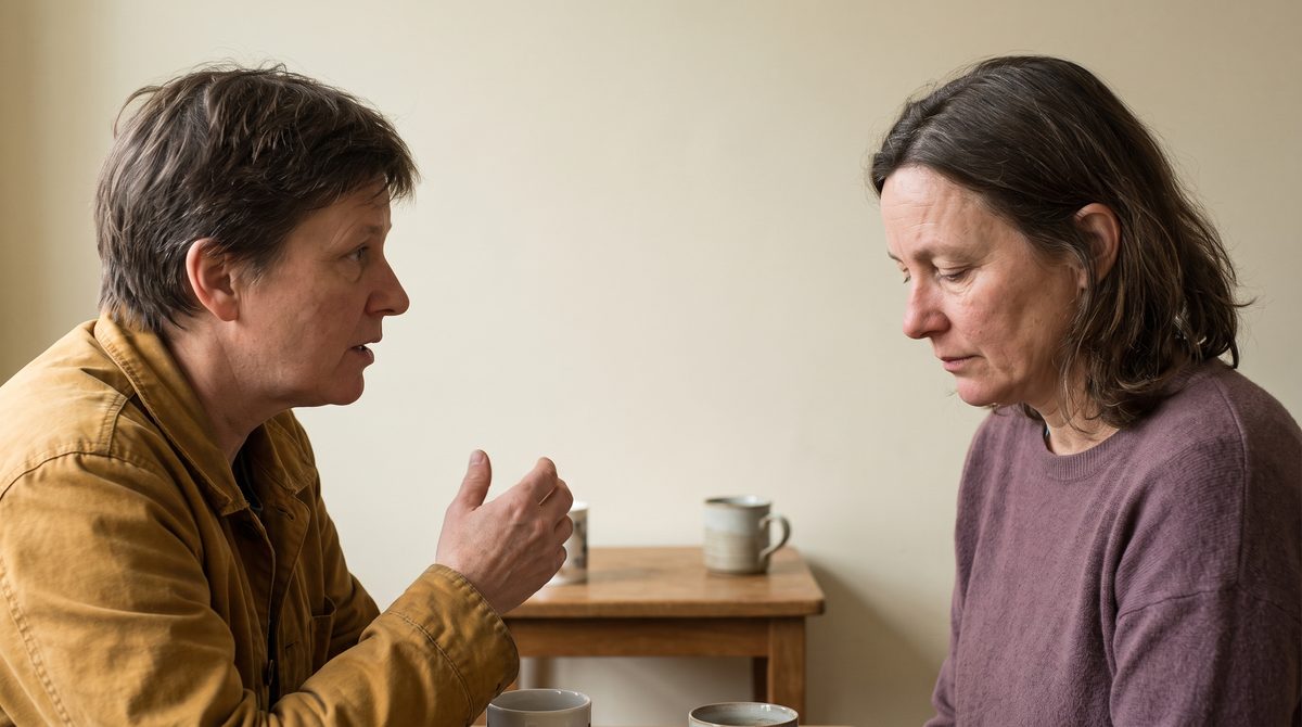 Two people in conversation, one speaking and looking directly, the other listening with eyes lowered