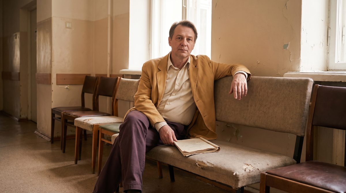 An actor waiting composedly outside an audition room