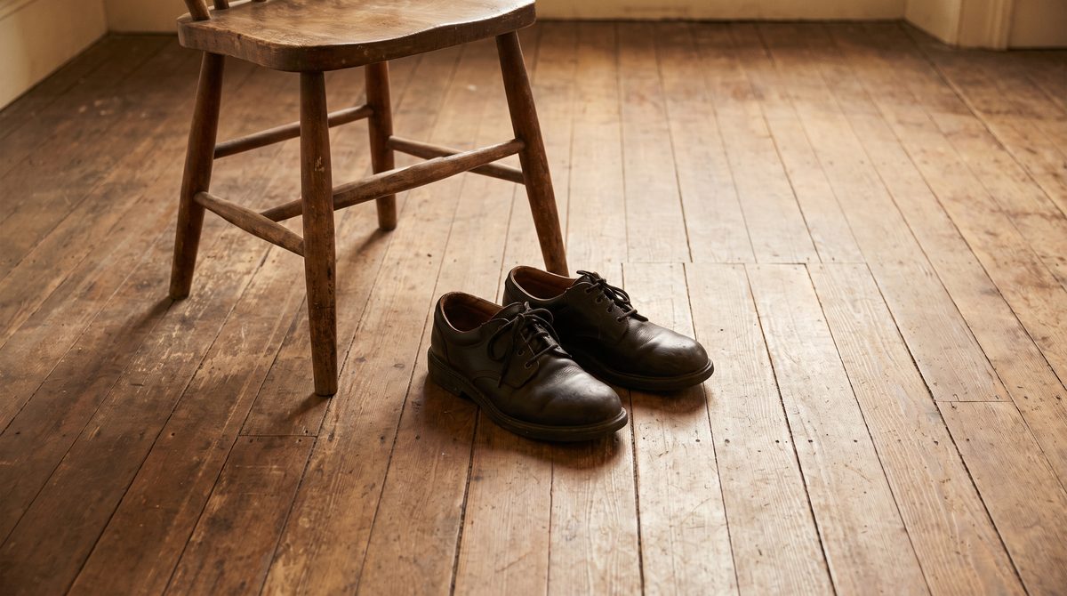 An actor's feet planted on a wooden floor beside a chair, weight settled
