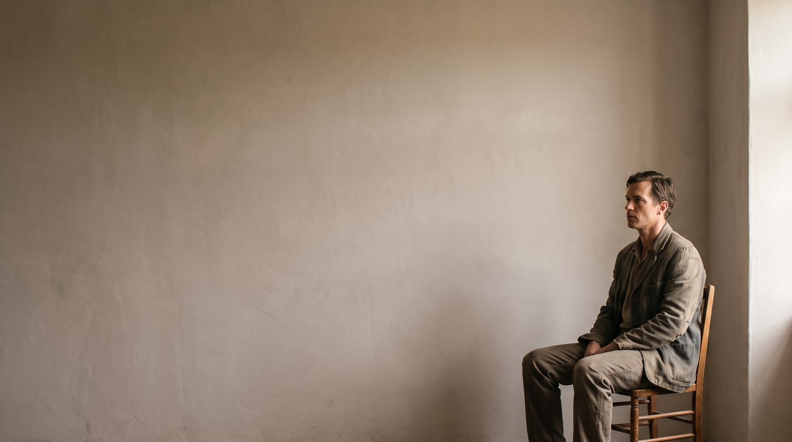 An actor sitting quietly in a plain room, attention fixed on someone out of shot