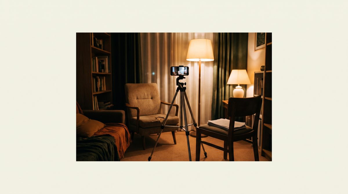 Two people filming a self-tape in a small flat, one seated for the camera and the other reading beside it