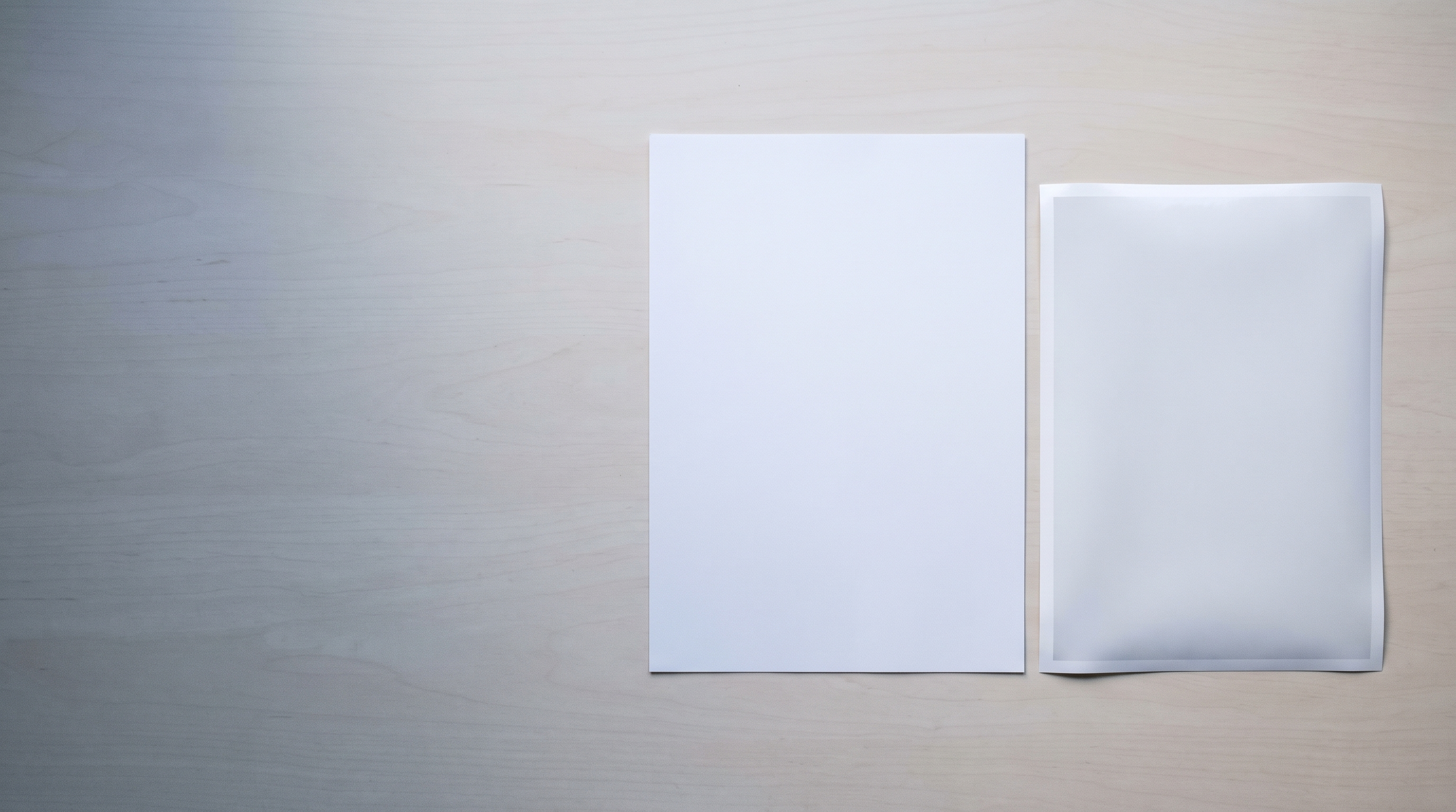 A blank sheet of A4 paper and a smaller blank photographic print lying side by side on a desk