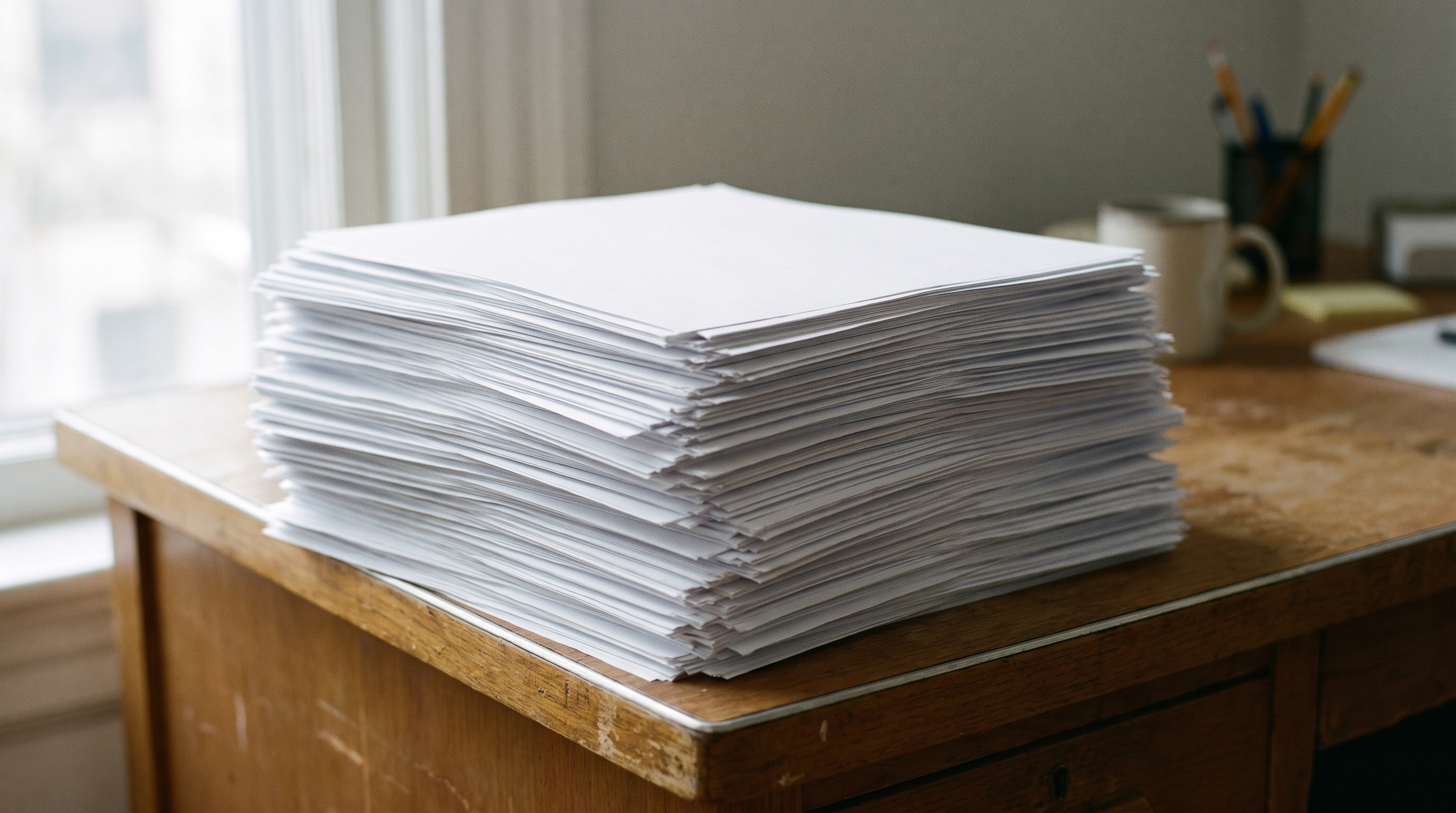 A tall untidy stack of blank papers piled on the corner of an office desk