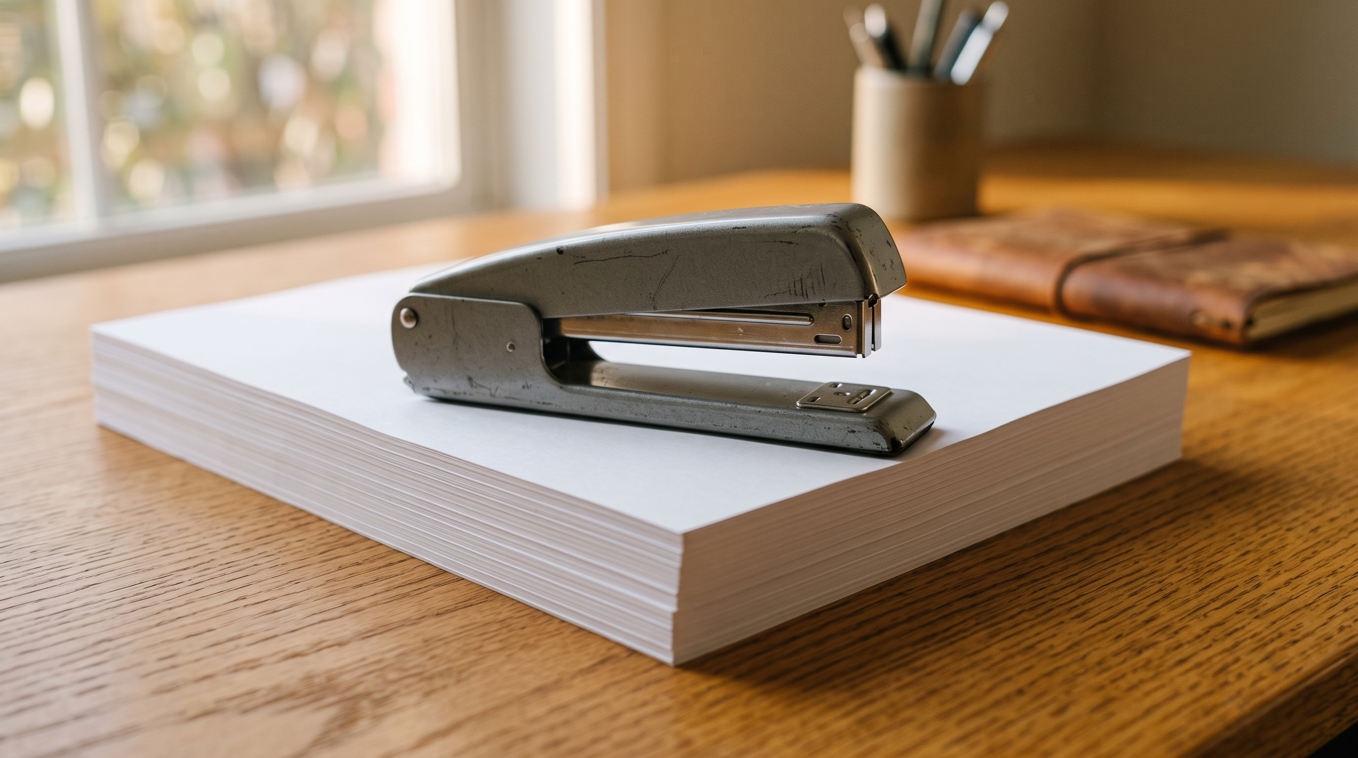 A metal desk stapler resting on the corner of a stack of blank white paper