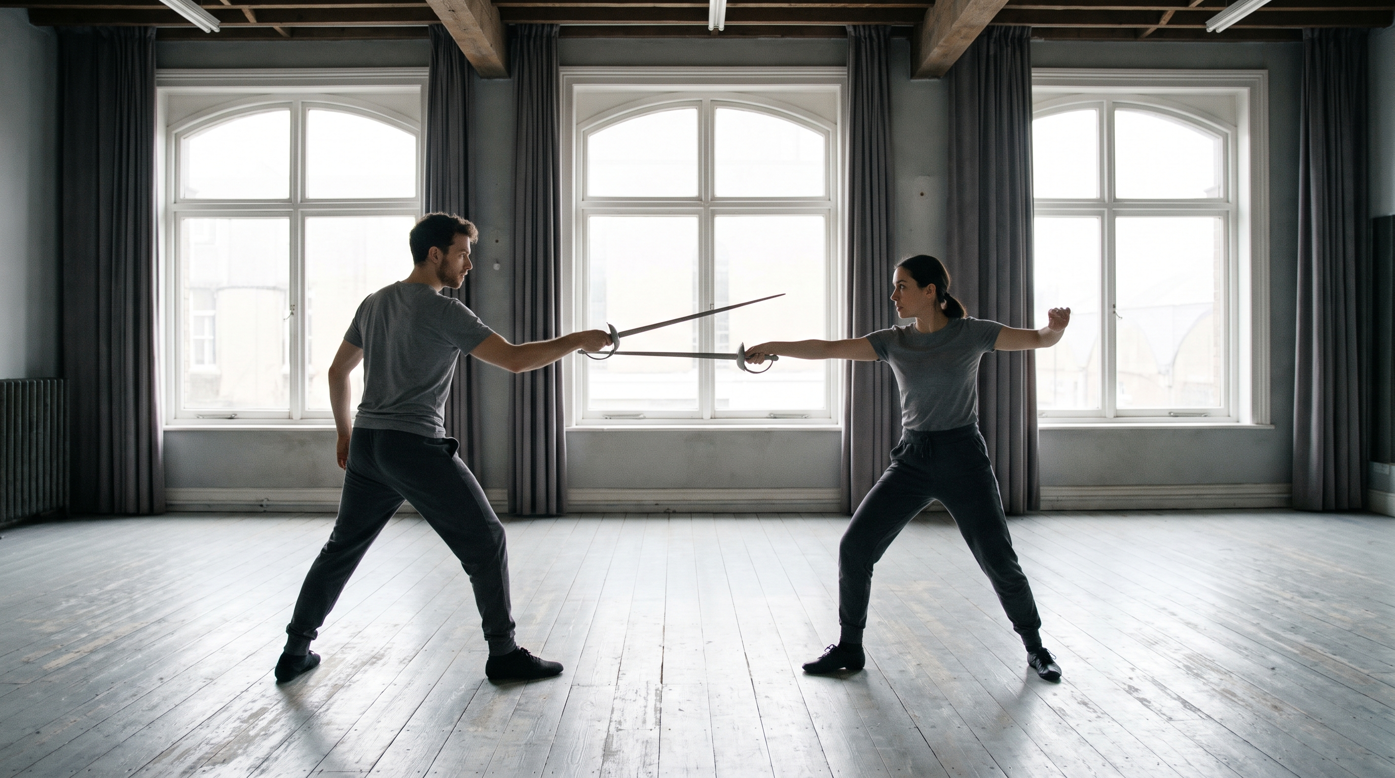 Two performers practising a choreographed sword sequence in a rehearsal room