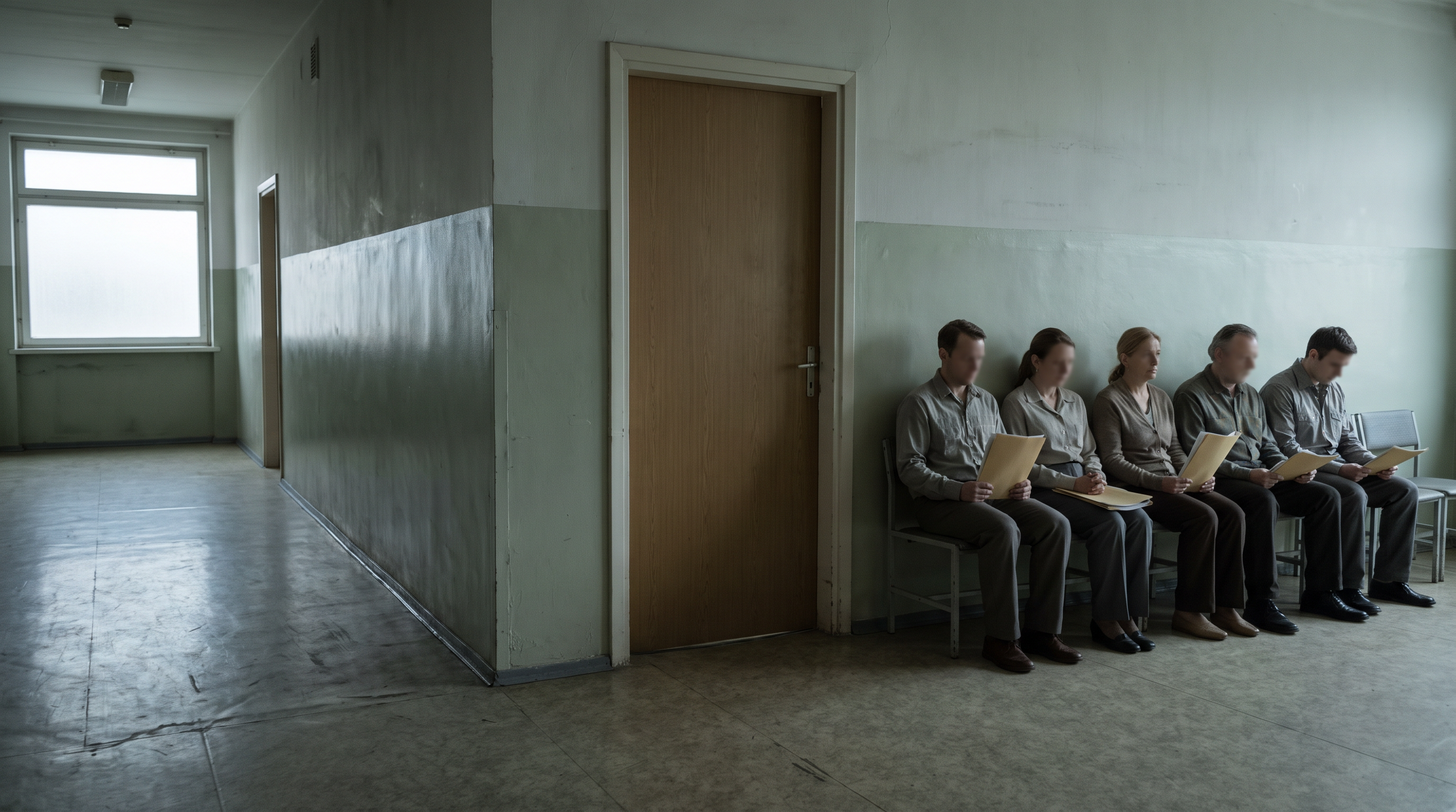 People waiting on chairs in a corridor outside a closed door, holding folders