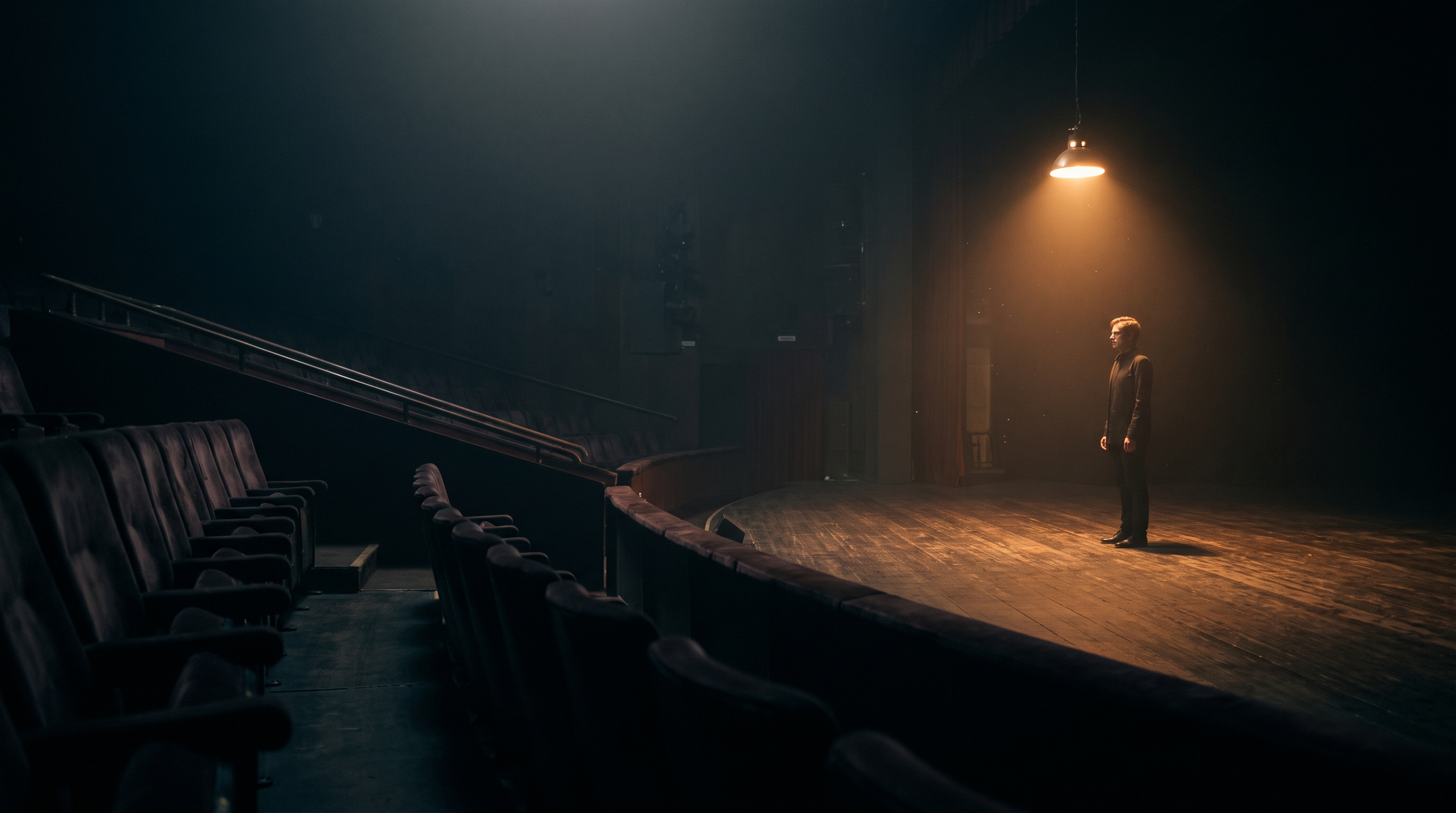 A performer standing alone on a bare theatre stage under a single working light