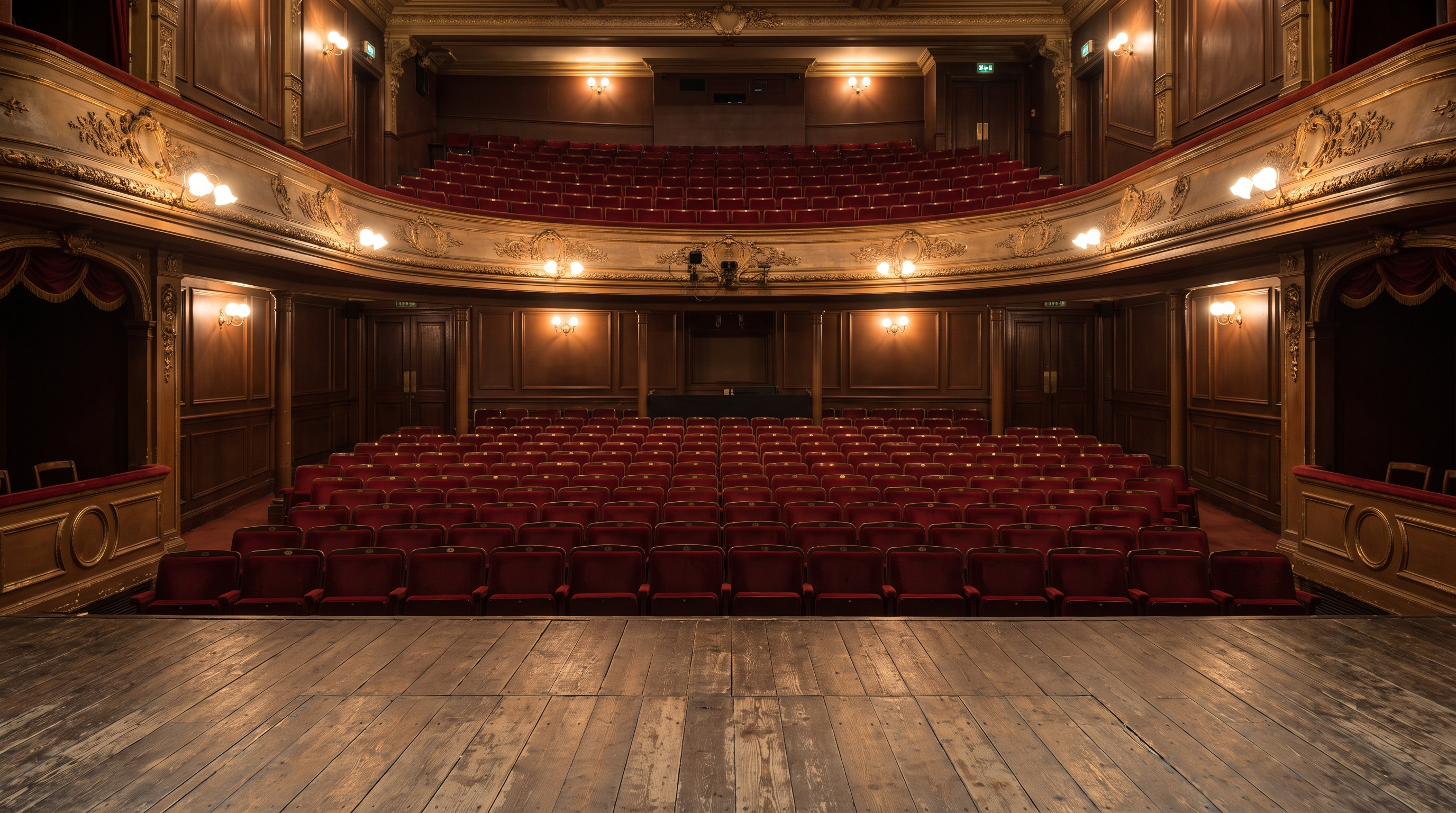 Rows of empty theatre seats seen from the stage of a small playhouse
