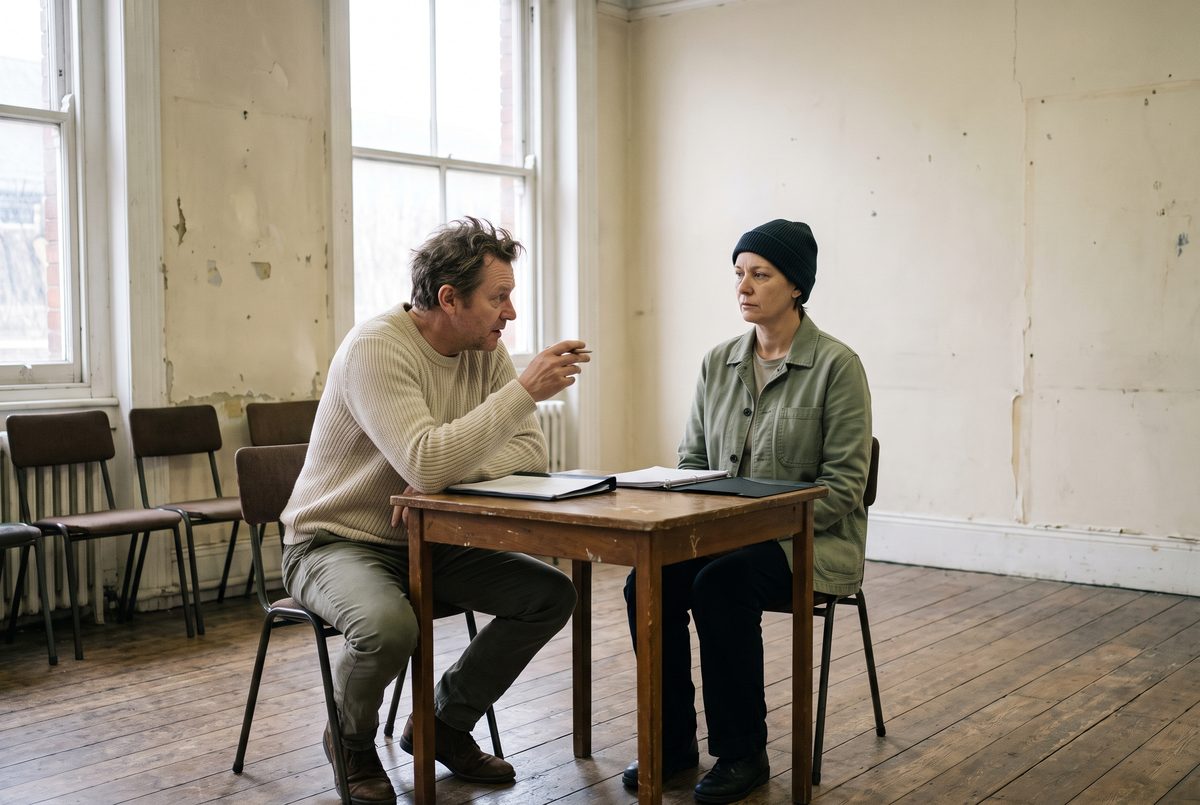 Two actors across a table in a rehearsal room, one talking and one listening