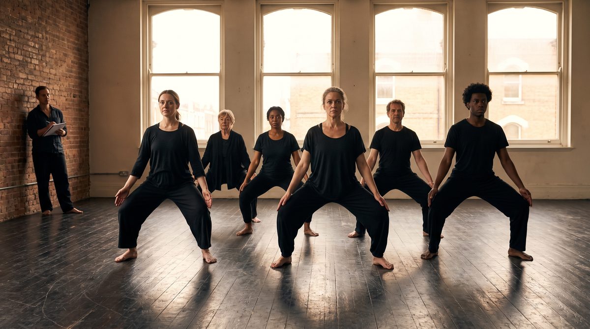 A row of actors in a dark studio holding a low wide stance in unison
