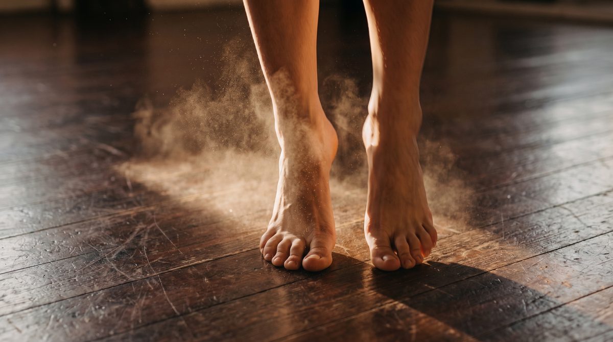 Bare feet planted wide on a dark polished wooden studio floor