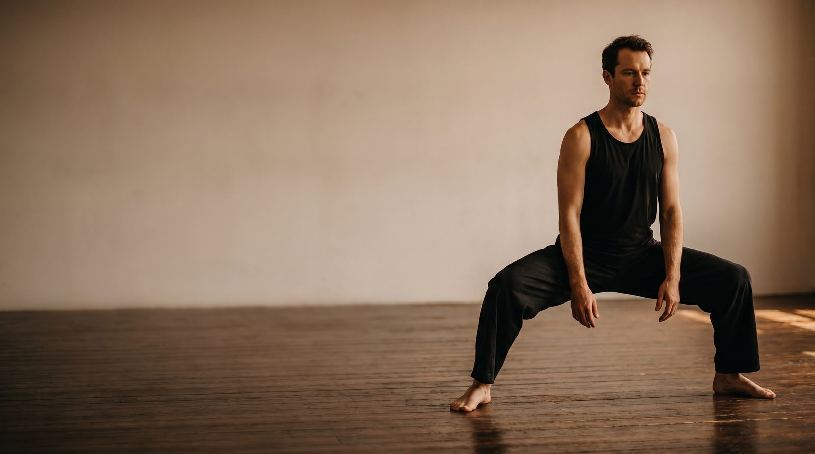 An actor standing barefoot in a low wide stance on a dark studio floor, weight driven down through the feet