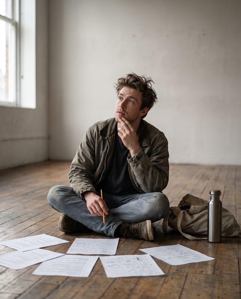 An actor sitting on a studio floor marking up a script